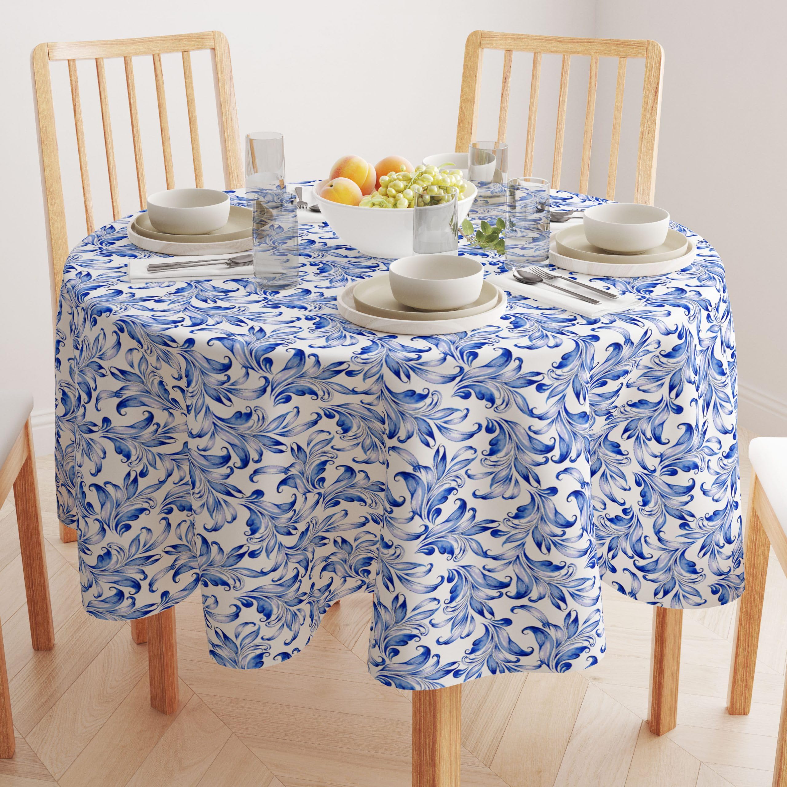 Blue Traditional Leaves Round Tablecloth 108