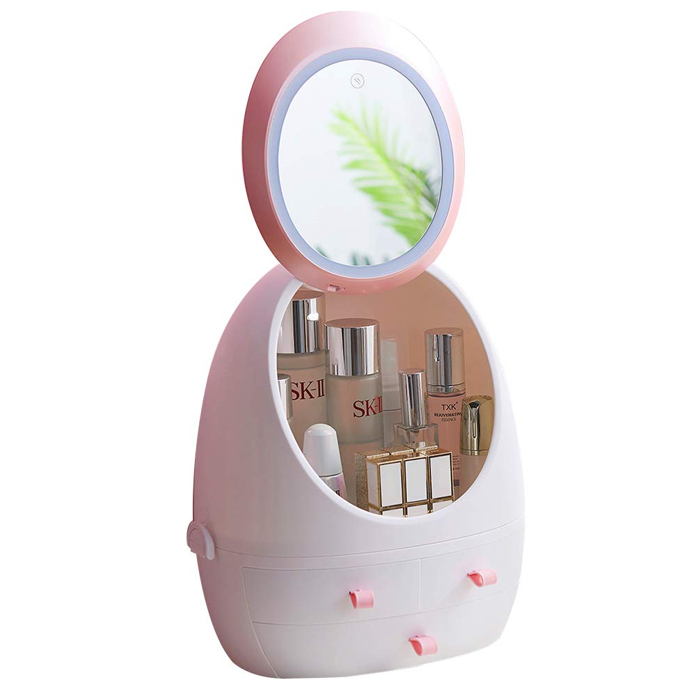DECO 3-Drawer Makeup Organizer with LED Lighted Mirror - Modern Cosmetic & Jewelry Storage Box for Bathroom, Vanity, Dresser - Pink Elliptic Cosmetic Display Case (Perfect for Bedroom, Bathroom & Travel Organization)