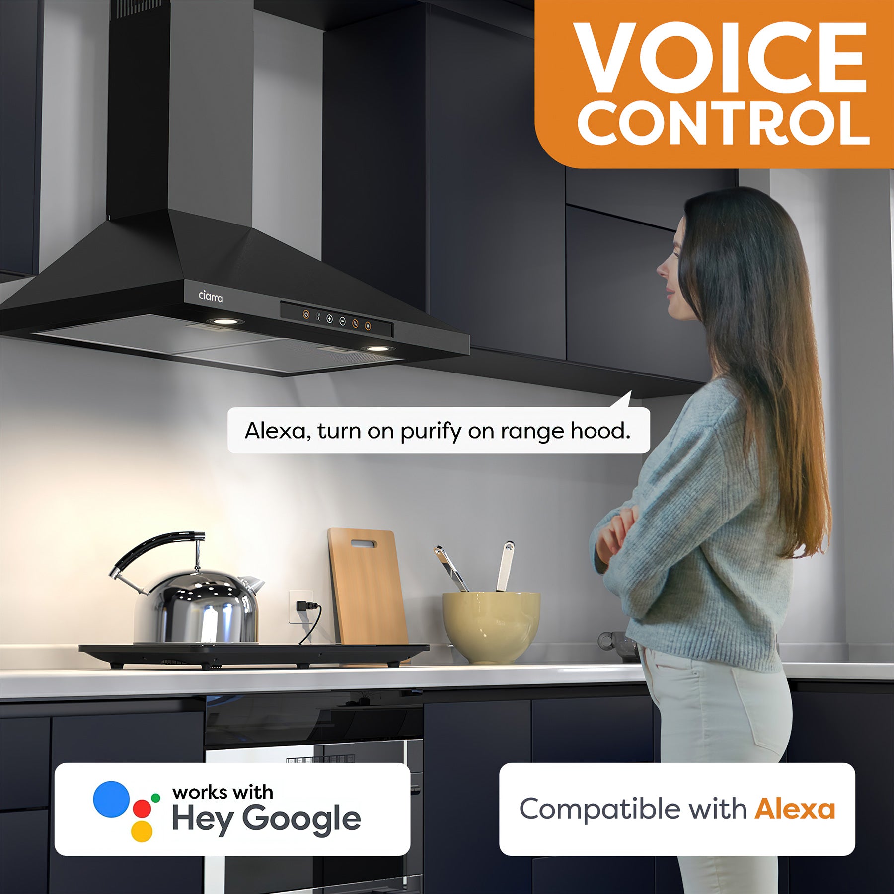 CIARRA 30 Inch Smart Wall Mount Range Hood with Alexa & Google Home Voice Control - Stainless Steel Kitchen Vent Hood for Modern Homes - Perfect for Cooking, Grilling & Baking (Model CAB75206W OW)