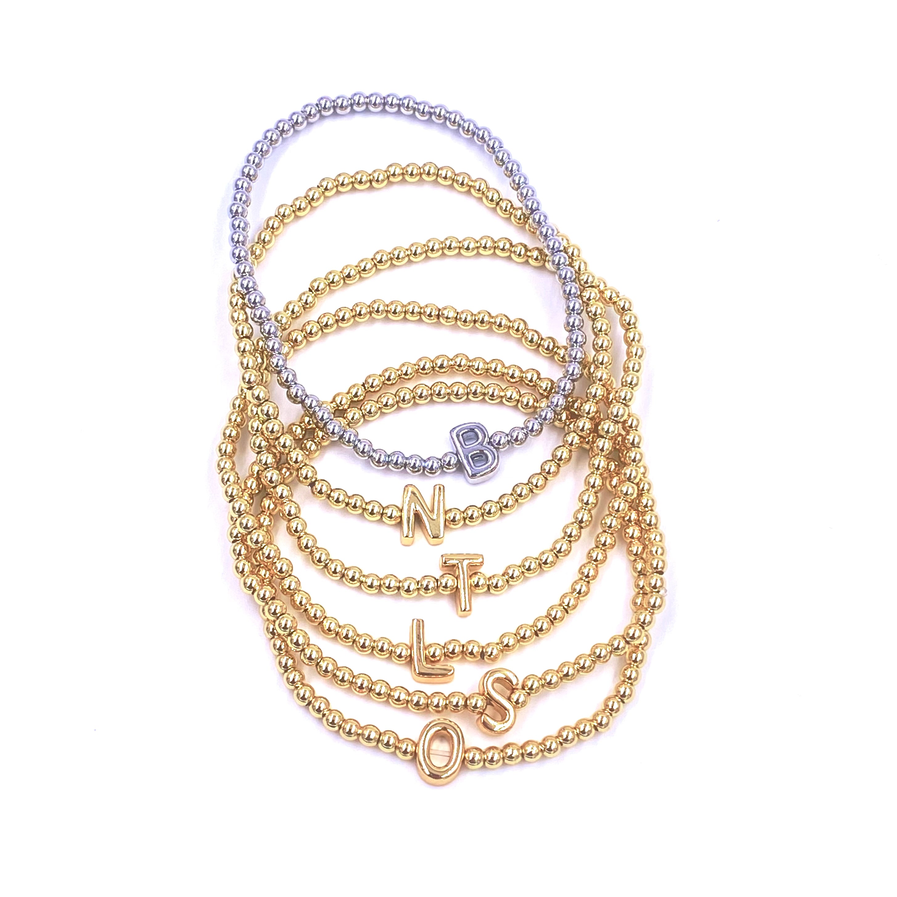 Ashley Gold Stainless Steel Initial Beaded Bracelet - Elegant Gold Plated Stretch Bead Design for Women - Perfect for Parties, Weddings & Everyday Wear