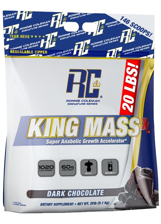 Ronnie Coleman King Mass XL Protein Powder - 20lb Dark Chocolate | Weight & Muscle Gainer with 60g Protein, 180g Carbs, 1000+ Calories | Creatine & Glutamine Formula | Ideal for Bodybuilding, Post-Workout Recovery & Bulking Phases