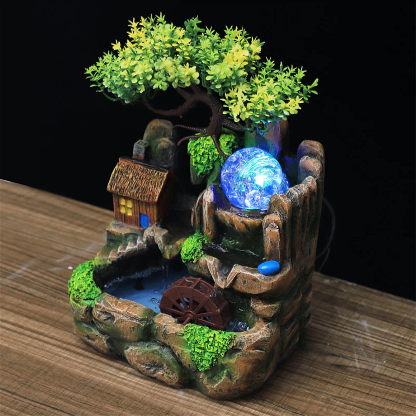 Desktop Waterfall Fountain with LED Lights - Resin Rockery Flowing Water Feature, Feng Shui Lucky Wheel for Office & Home Decor - Perfect for Stress Relief, Meditation Spaces & Zen Home Décor