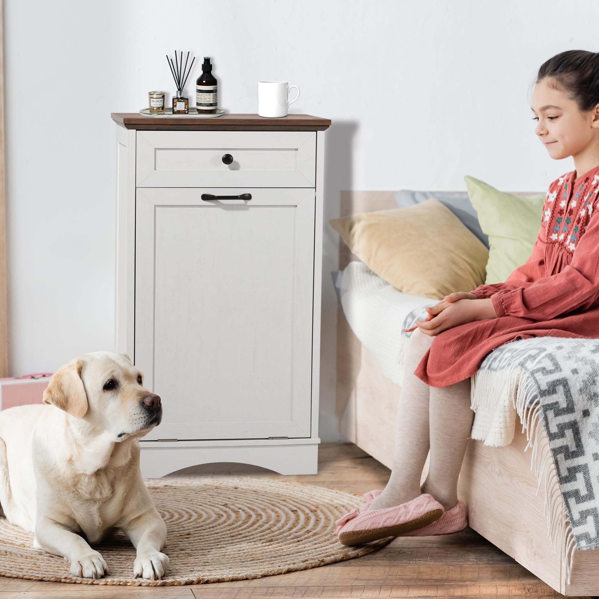 Spurgehom 13 Gallon Tilt-Out Trash Cabinet - Kitchen Waste Bin with Laundry Hamper, Pet-Proof Hidden Trash Can for Kitchen & Living Room in Antique White - Perfect for Small Spaces, Apartments & Pet Owners