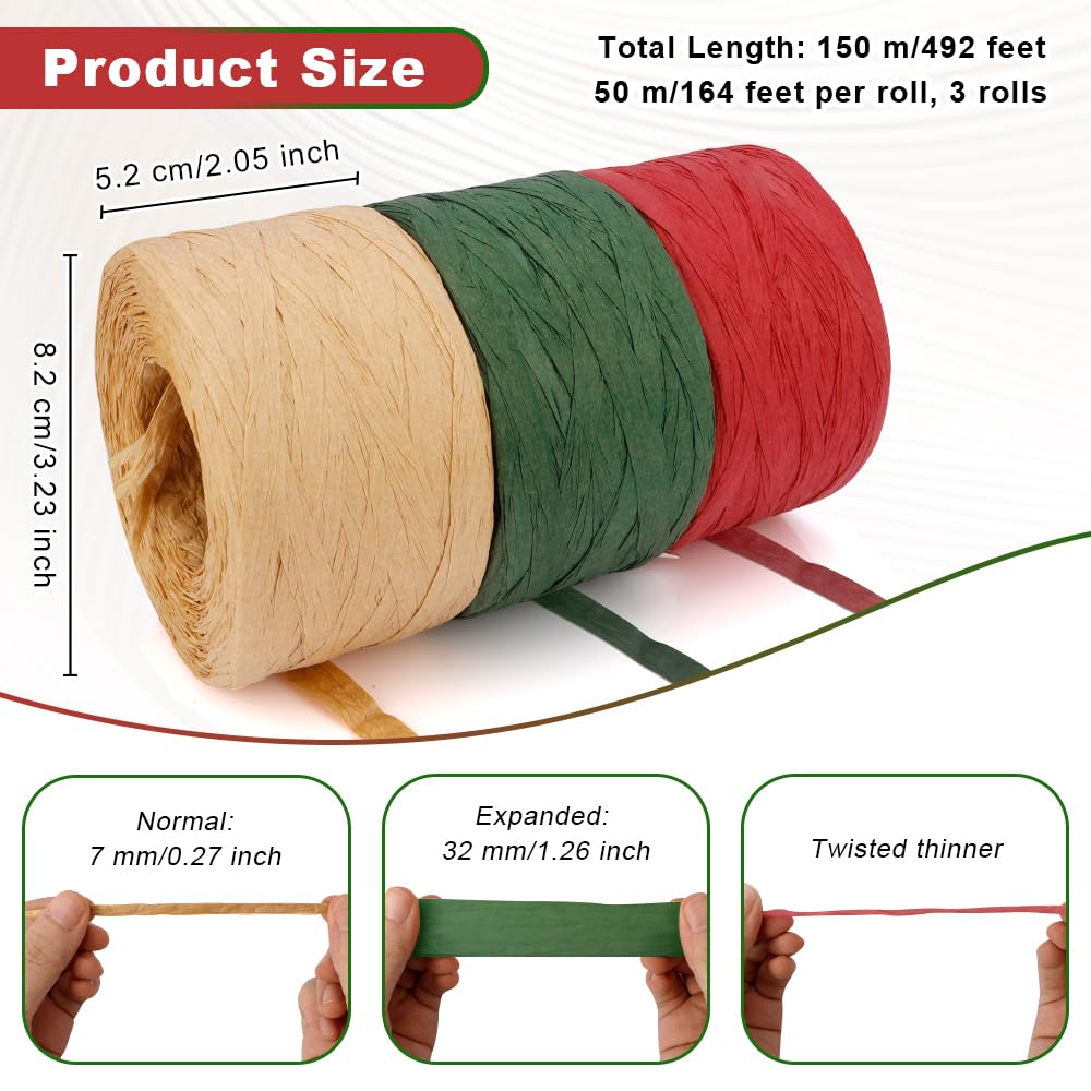 3 Roll Christmas Ribbon for Gift Wrapping - 50 Yards Each, Red Green Kraft Paper Raffia Ribbon for Holiday Decorations, Christmas Tree Trimming & Present Packaging - Perfect for DIY Crafts, Party Favors & Festive Home Decor