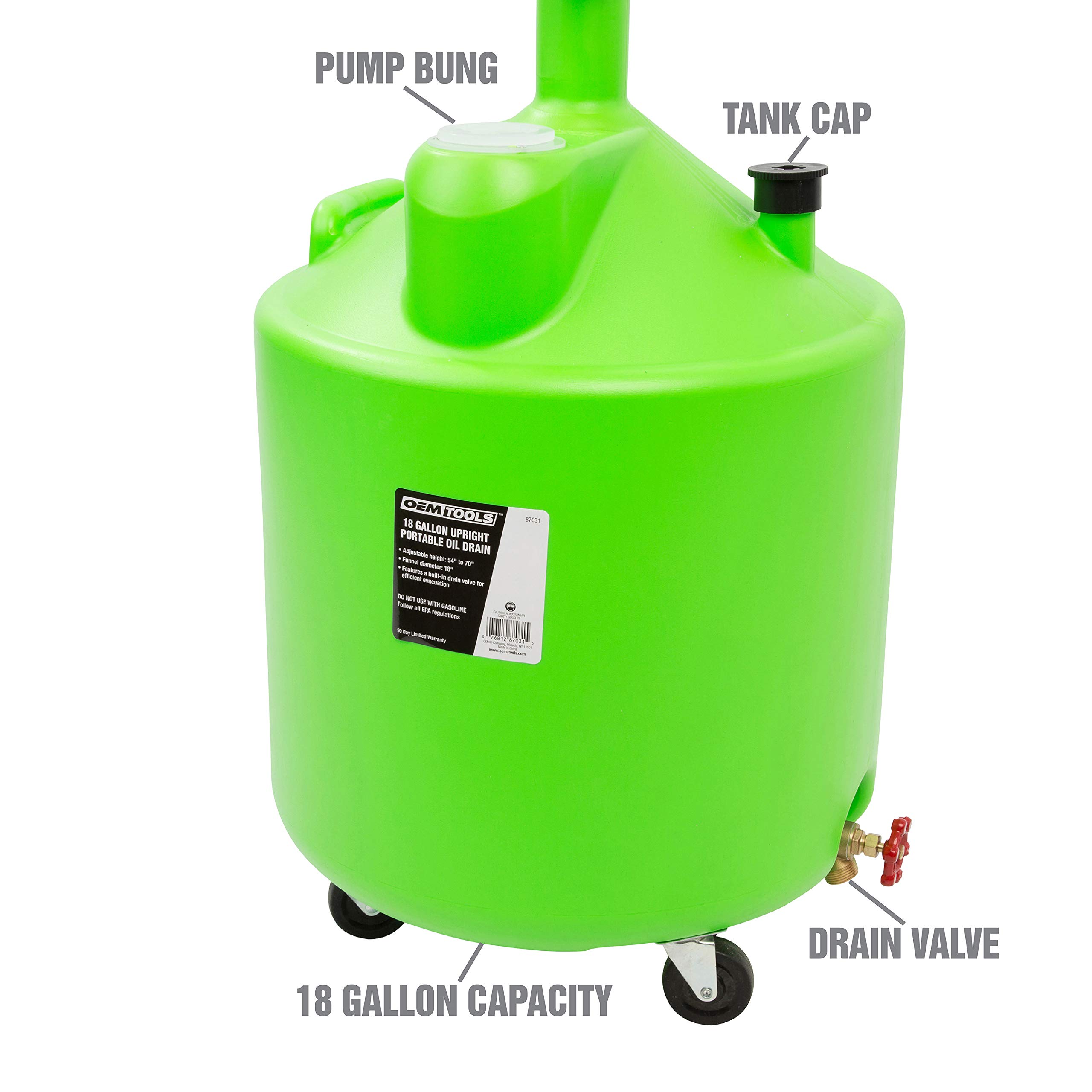 OEMTOOLS 87031 18 Gallon Oil Drain Container - Adjustable Upright Oil Drain Tank with Funnel for Automotive Oil Changes | Waste Oil Storage & Recycling | Perfect for DIY Car Maintenance & Professional Garage Use
