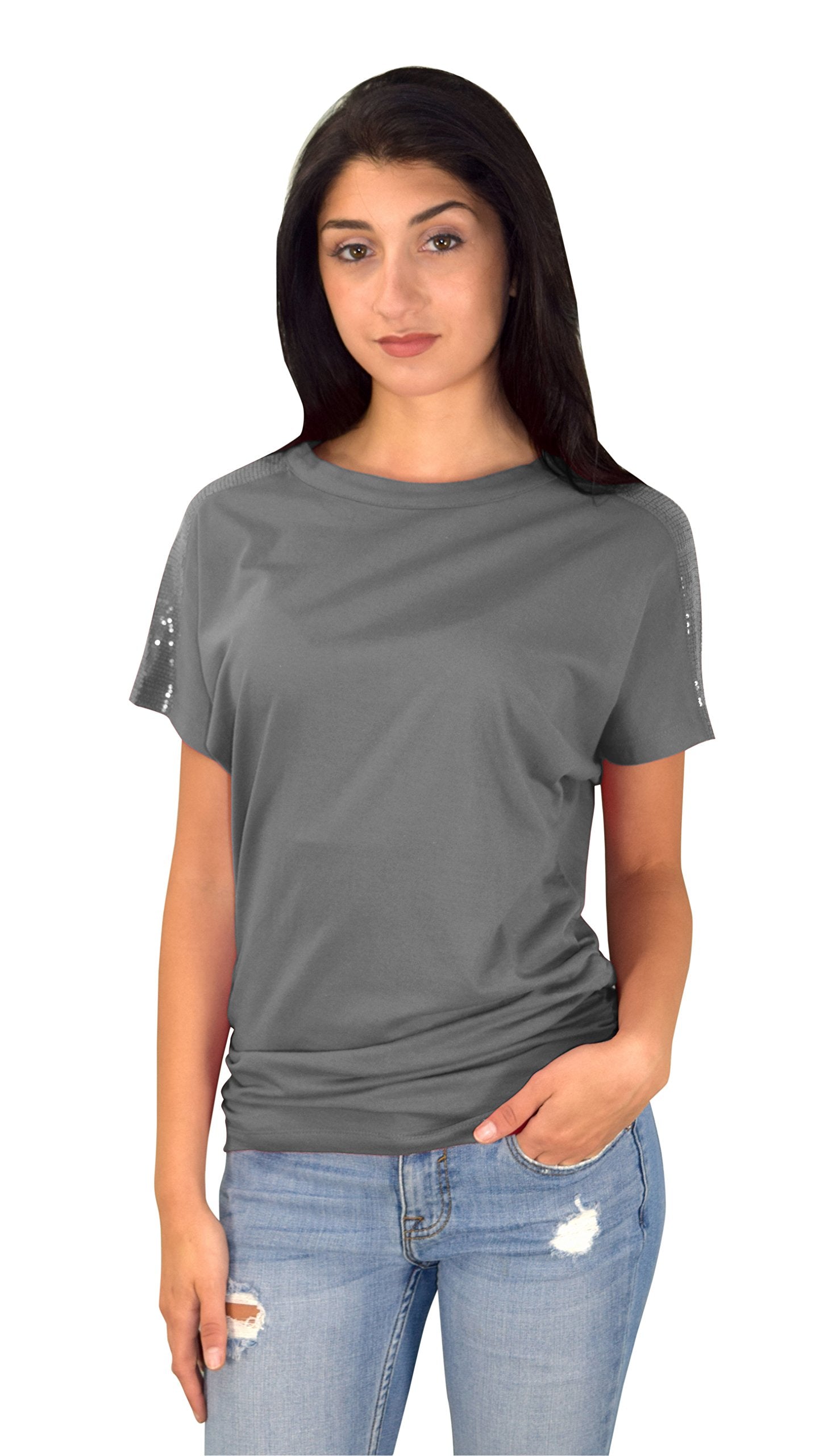 Women's Elegant Cotton Boat Neck Dolman Top with Shirring Drape & Sequin Shoulder Detail - Perfect for Casual Wear, Parties & Evening Outfits