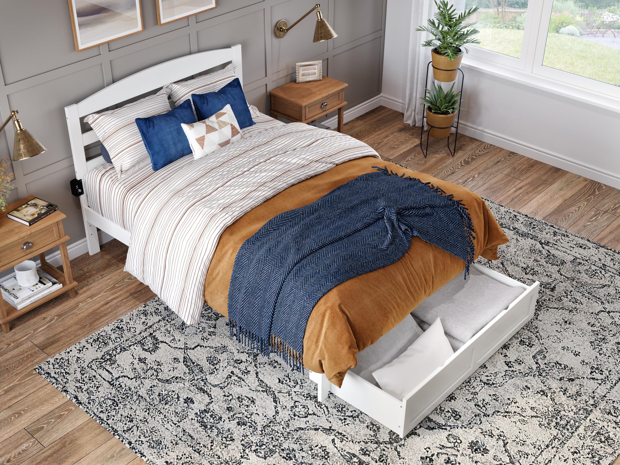 AFI Warren Queen Size Platform Bed with Storage Drawers & USB Charging Station - Modern White Wooden Bed Frame for Bedroom, Perfect for Small Spaces & Tech Lovers