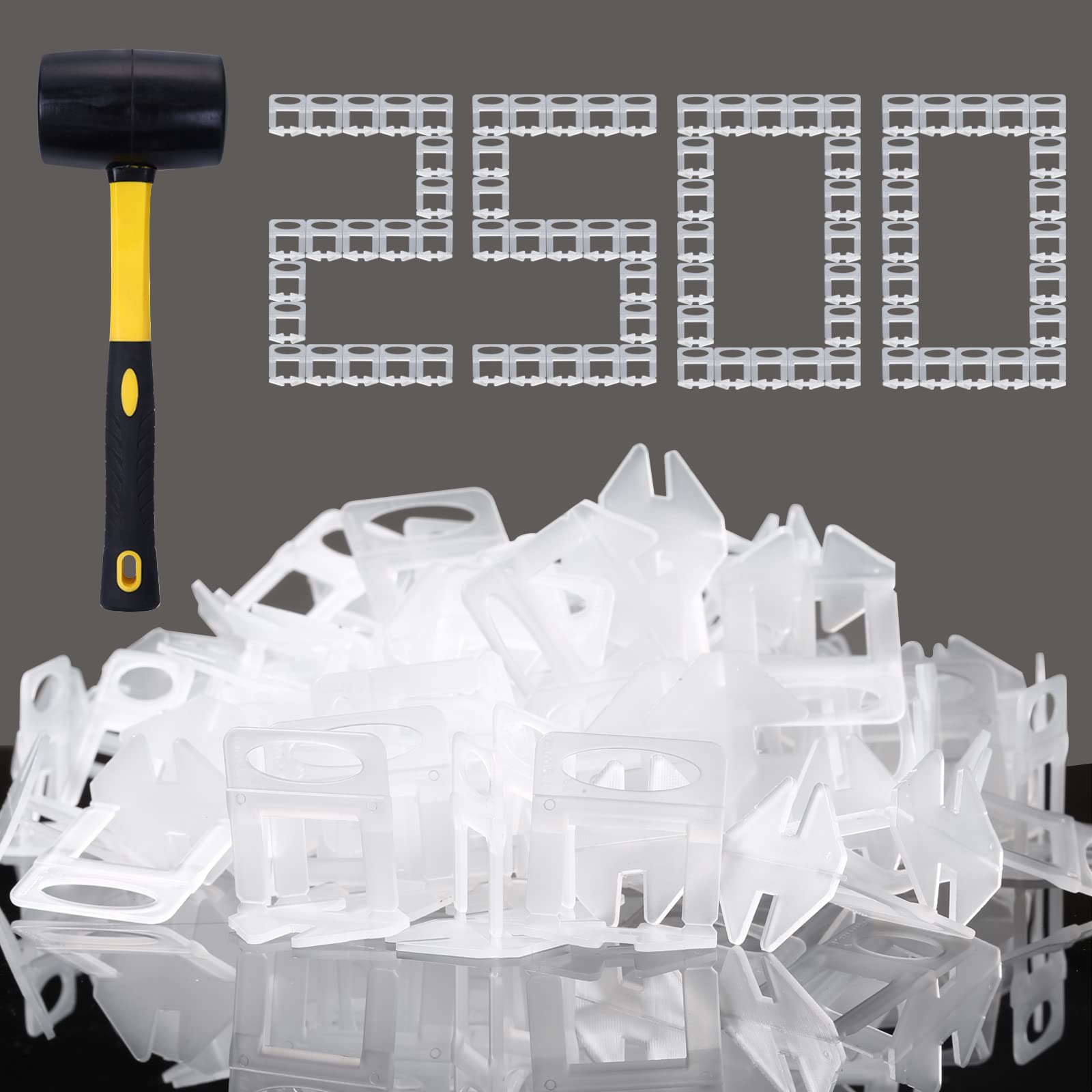 1/16 Inch Tile Leveling System - 2500 Piece Spacer Clips with 16 oz Rubber Mallet | Professional Ceramic & Stone Tile Installation Tools for Floors, Walls & Backsplashes