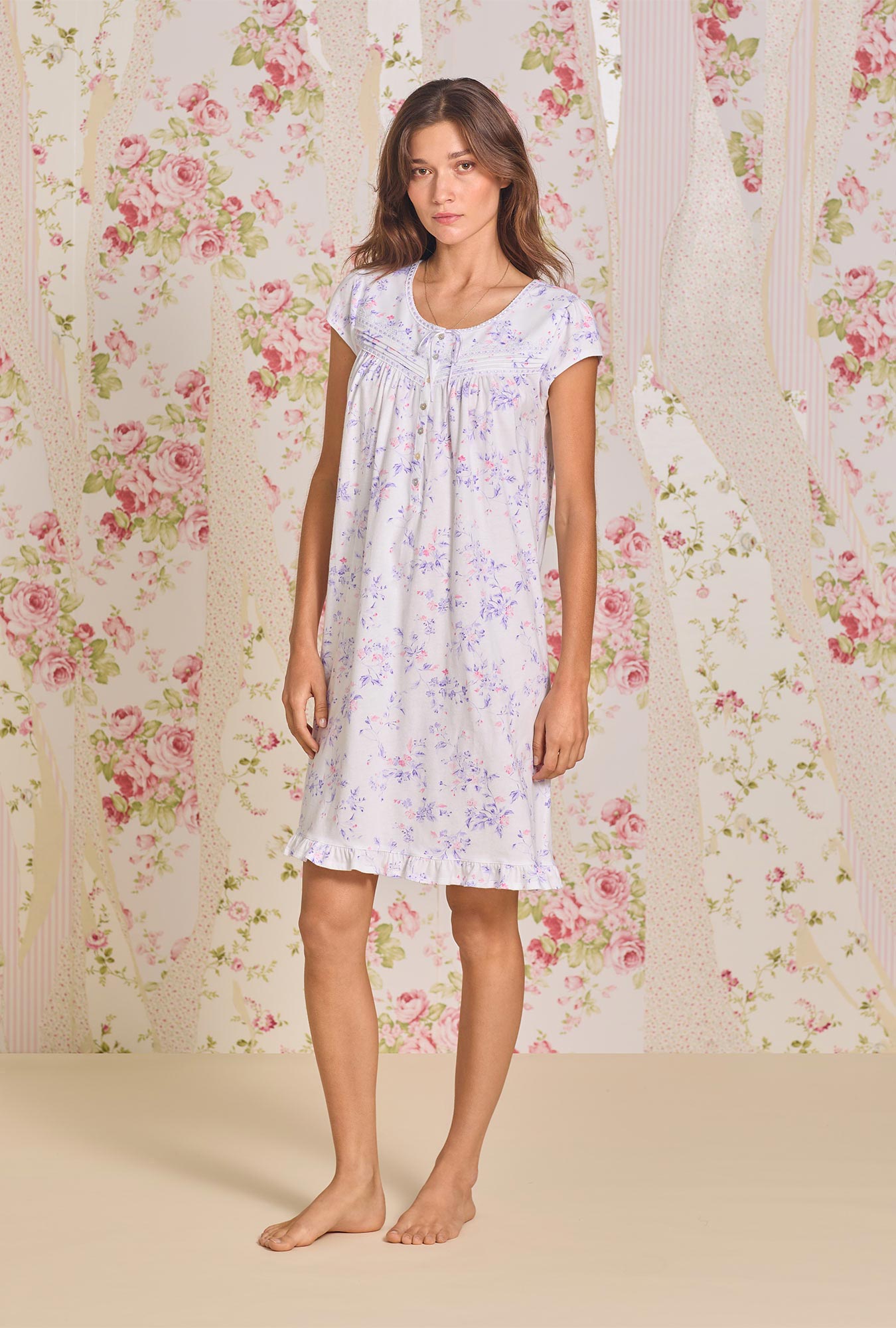 Petite Floral Cotton Knit Short Nightgown for Women - Soft Sleepwear & Lounge Dress for Summer Nights, Relaxing at Home
