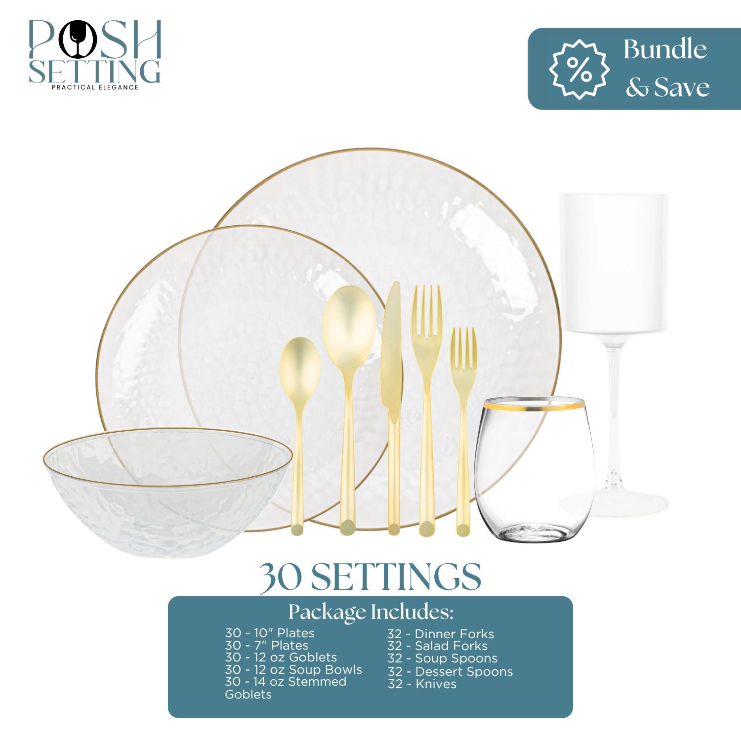 Clear & Gold Disposable Plastic Party Tableware Set - Organic Hammered Design (30-Piece) for Wedding, Birthday & Holiday Celebrations