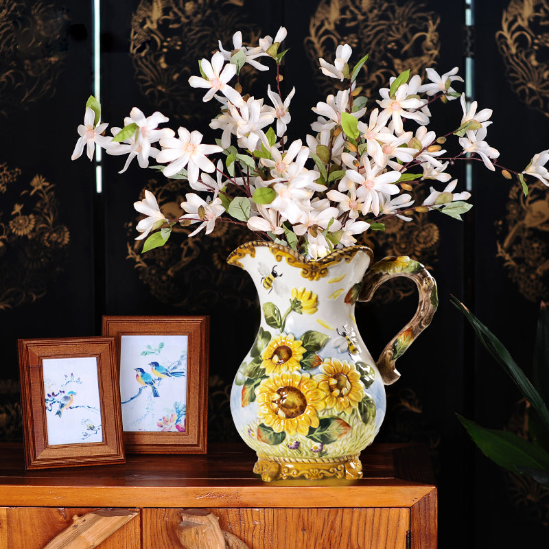 Sunflower Ceramic Jug Vase - Handmade Floral Home Decor for Farmhouse, Boho & Rustic Style - Perfect for Kitchen, Dining Table & Wedding Centerpieces