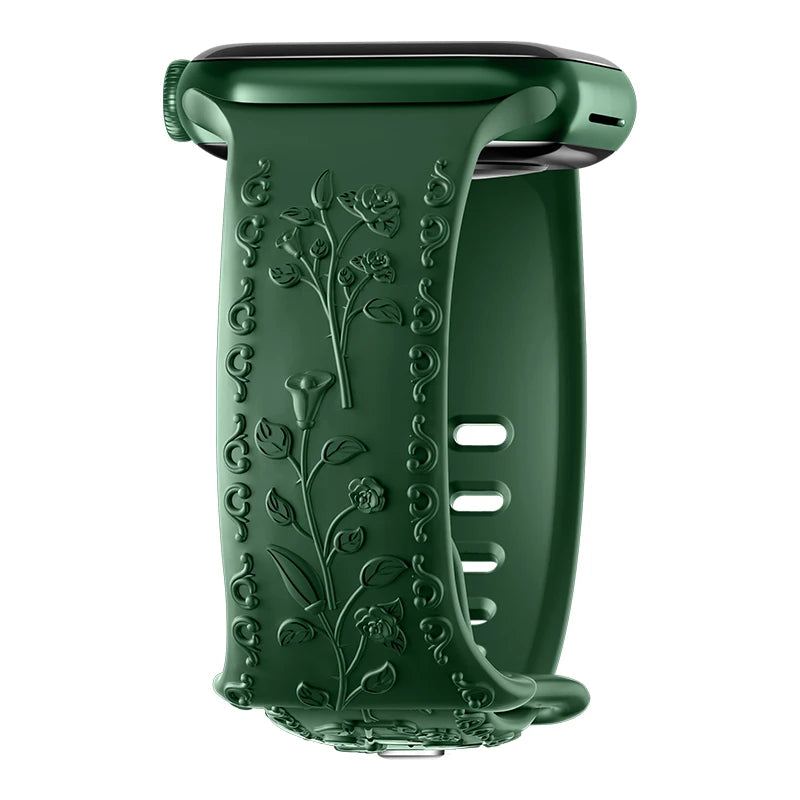 Botanical Bliss Engraved Silicone Band for Apple Watch - Eco-Friendly Green Strap for Women & Men | Perfect for Yoga, Running & Outdoor Activities