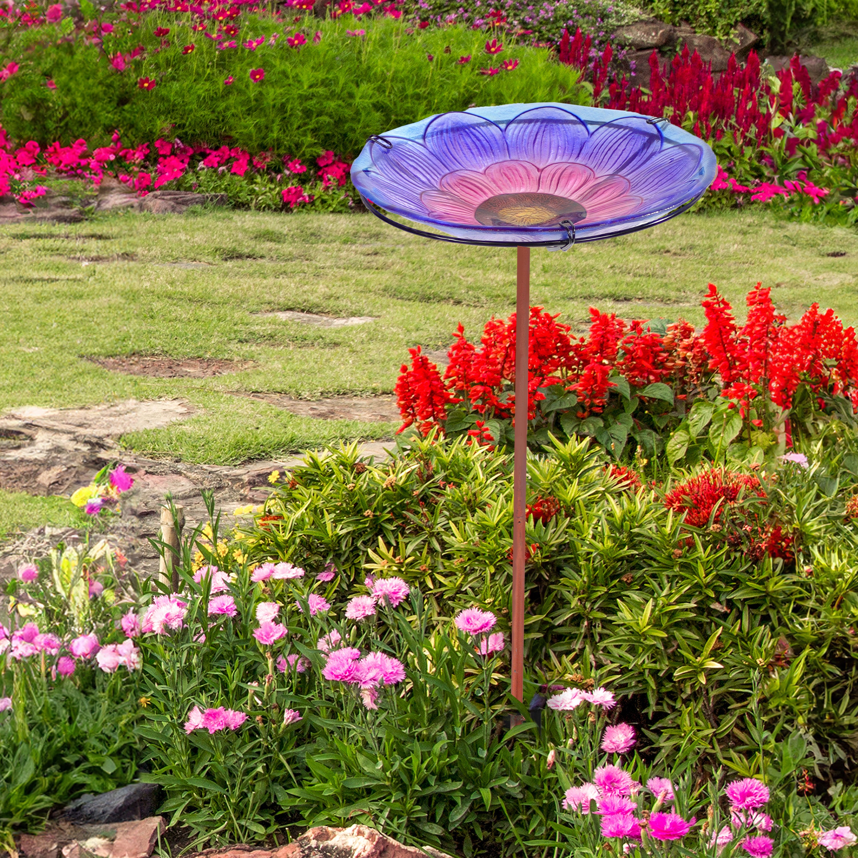 Sunnydaze Glass Bird Bath for Outdoors - Deck Mounted or Staked Garden Decoration - Attracts Birds & Enhances Backyard, Patio, or Garden Decor