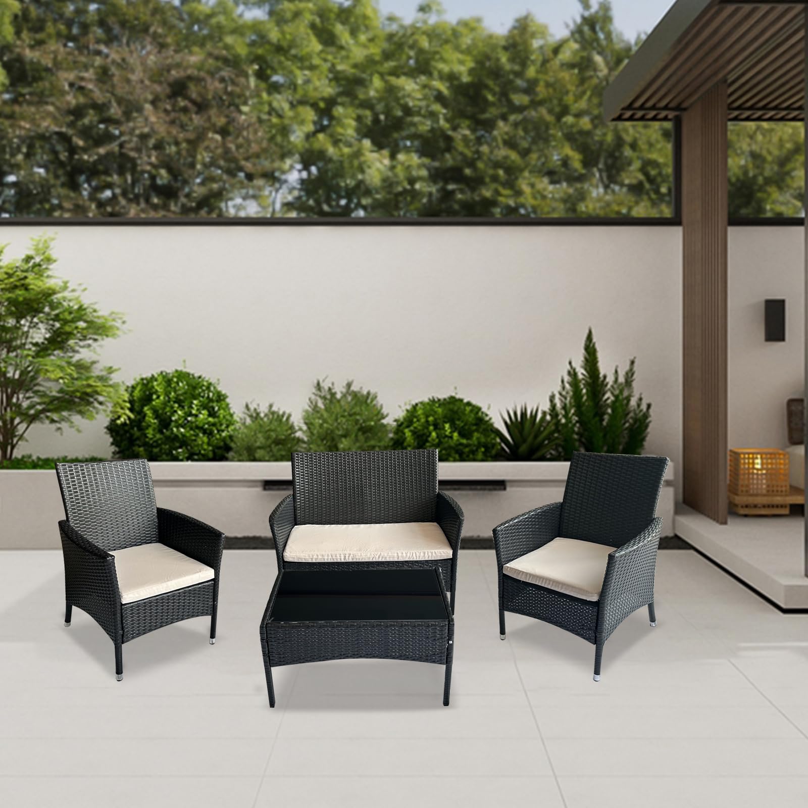 4-Piece Patio Furniture Set - Wicker Sectional Sofa with Armrest, Loveseat, Rattan Side Table & Chairs - Outdoor Conversation Set for Garden, Lawn, Pool or Backyard (Coffee/Beige) | Perfect for Relaxing, Entertaining & Enhancing Your Outdoor Living Space