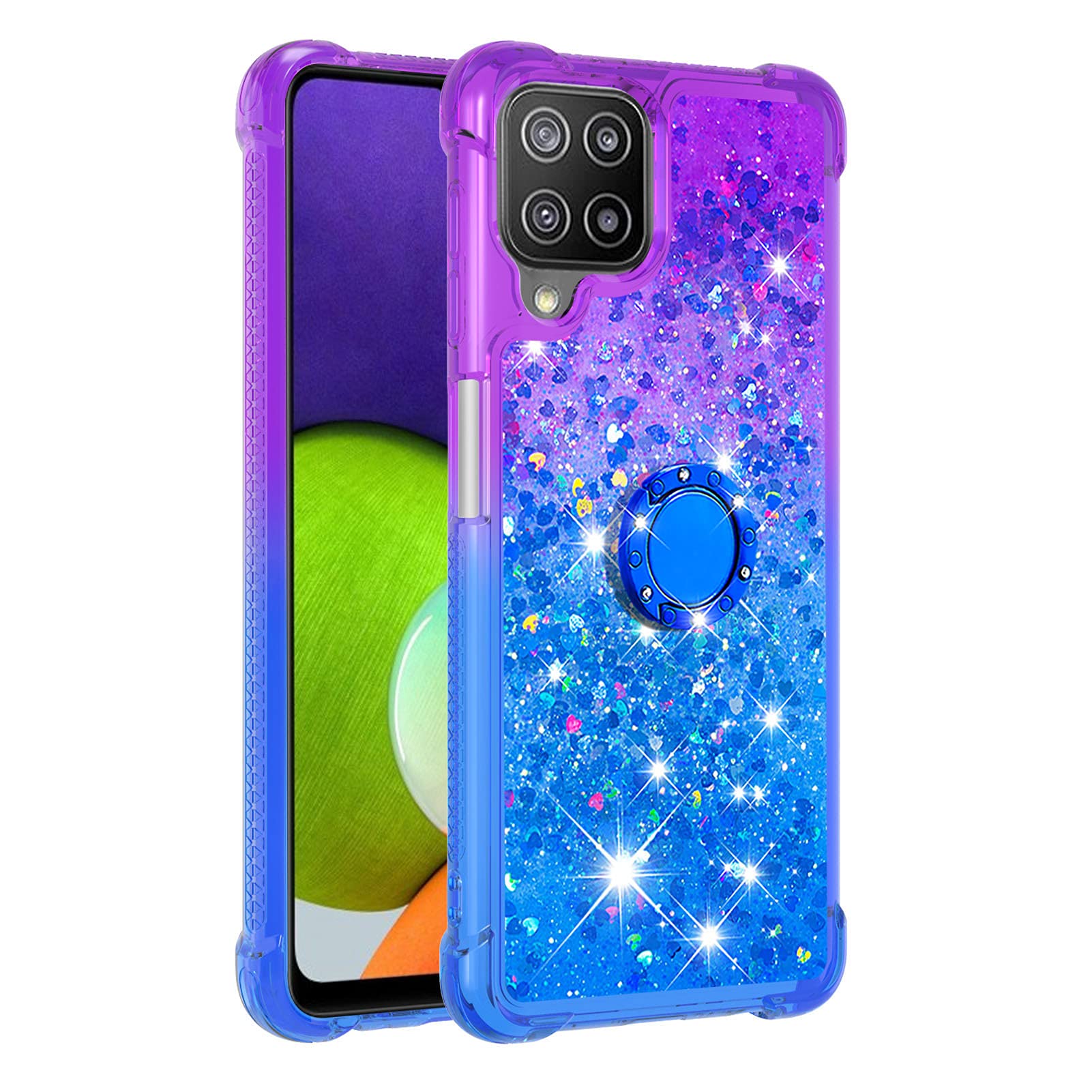 Samsung Galaxy A22 4G Case with Ring Holder - Clear Gradient Quicksand Glitter TPU Cover (Not for 5G Model) | Floating Liquid Design in JB Purple Navy | Perfect for Daily Use, Work & Travel Protection