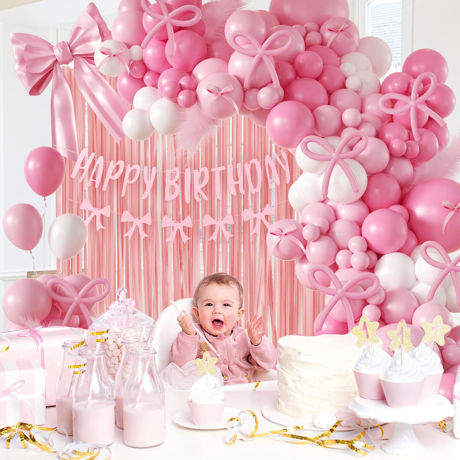 Elegant Coquette Pink Birthday Decorations for Adults & Women - White & Light Pink Long Balloons, Bow Banner, Fringe Curtains - Perfect for Bow Parties, Birthday Celebrations & Girly Events