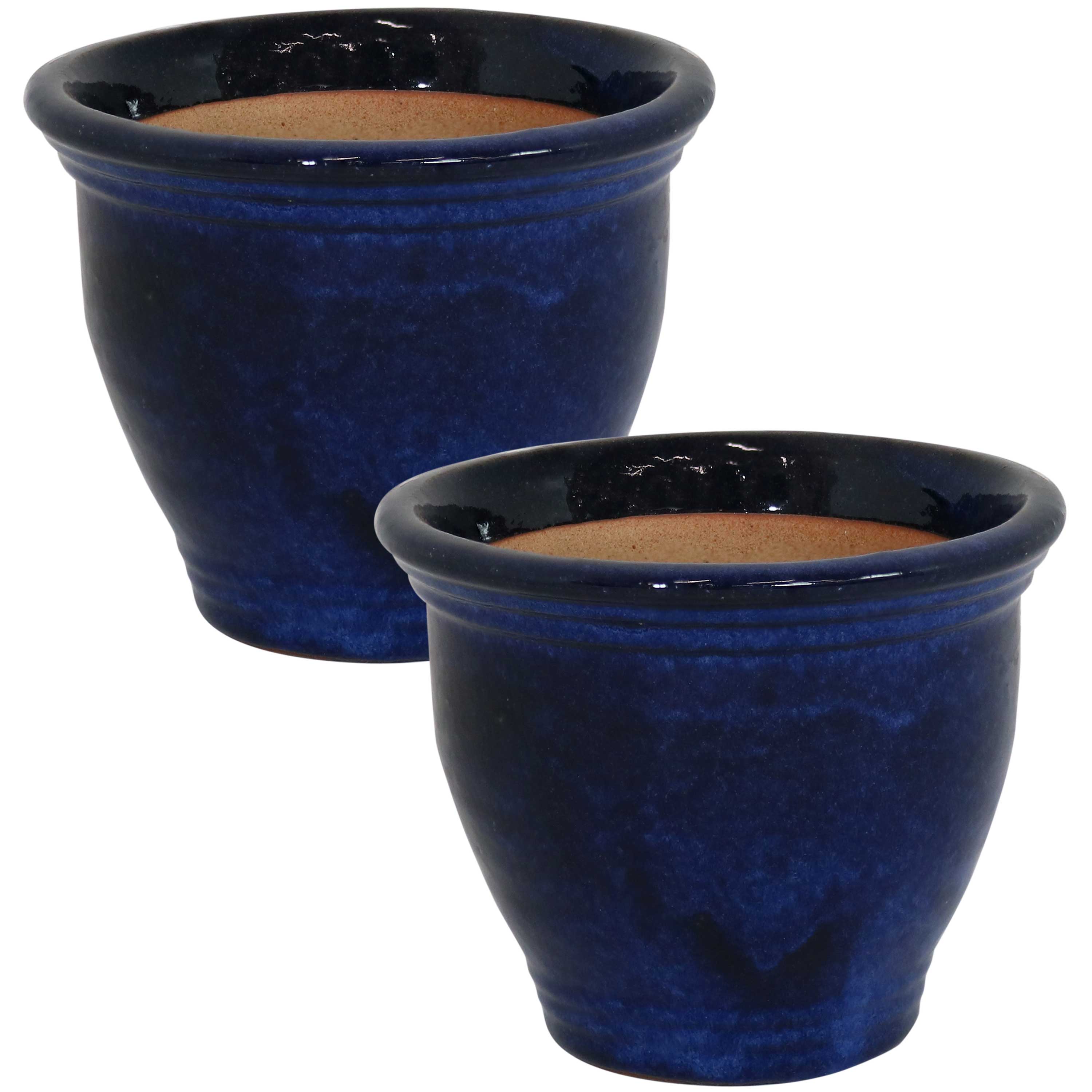Premium Glazed Ceramic Plant Pots with Drainage Holes - Set of 2 Indoor/Outdoor Flower Planters for Home Decor, Garden & Patio