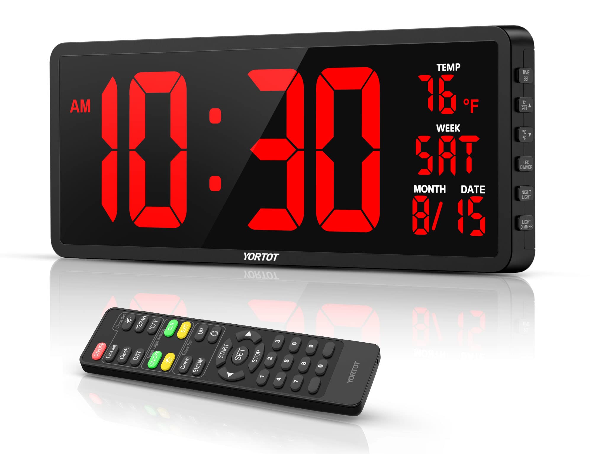 YORTOT 16 Inch Digital Wall Clock with Large LED Display - 7 Color Backlight & Remote Control | Indoor Temperature, Date, Countdown/Up Timer, Stopwatch | Perfect for Home Gym, Garage, Office & Classroom
