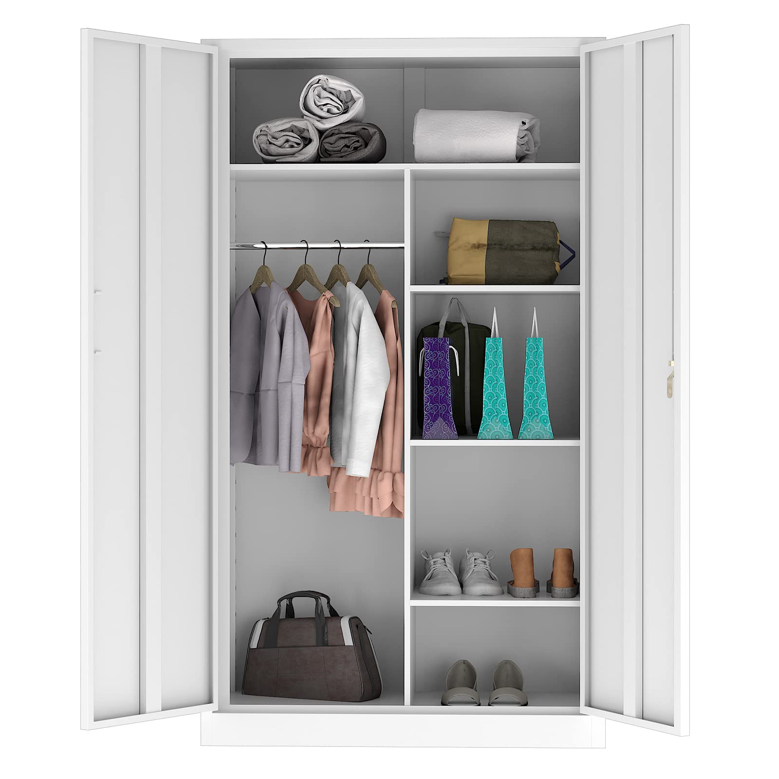 MIIIKO White Metal Wardrobe Cabinet - 2 Door Steel Locker with Hanging Rod & 4 Shelves, Lockable Storage Cabinet for Bedroom, Home Office, Changing Room | Perfect for Closet Organization, Employee Lockers & Space-Saving Storage Solutions