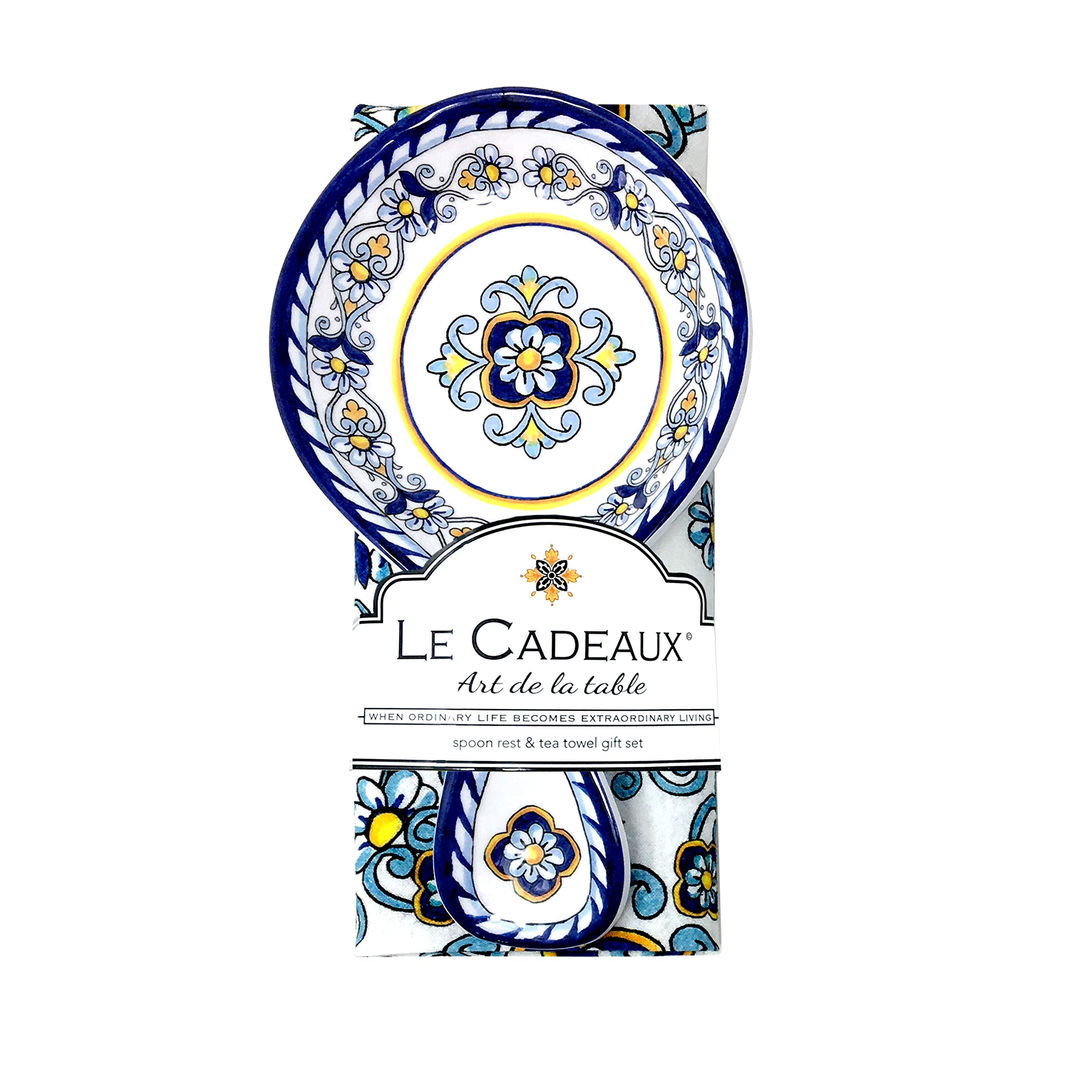Le Cadeaux Melamine Spoon Rest with Matching Tea Towel Gift Set - Sorrento Design - Elegant Kitchen Accessories for Cooking, Dining & Hosting Gifts