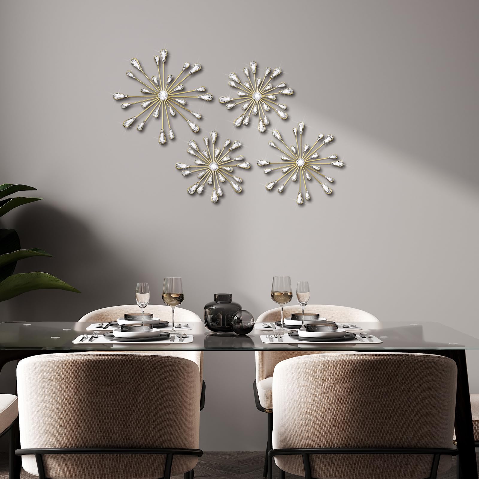 Hicarer 4-Piece Starburst Wall Decor Set - Crystal Teardrop 3D Hanging Rhinestone Radial Metal Artwork, Modern Gold Accent Sculptures for Living Room, Home Office, Bedroom - Perfect for Home Decor, Wedding, Party & Gift Giving
