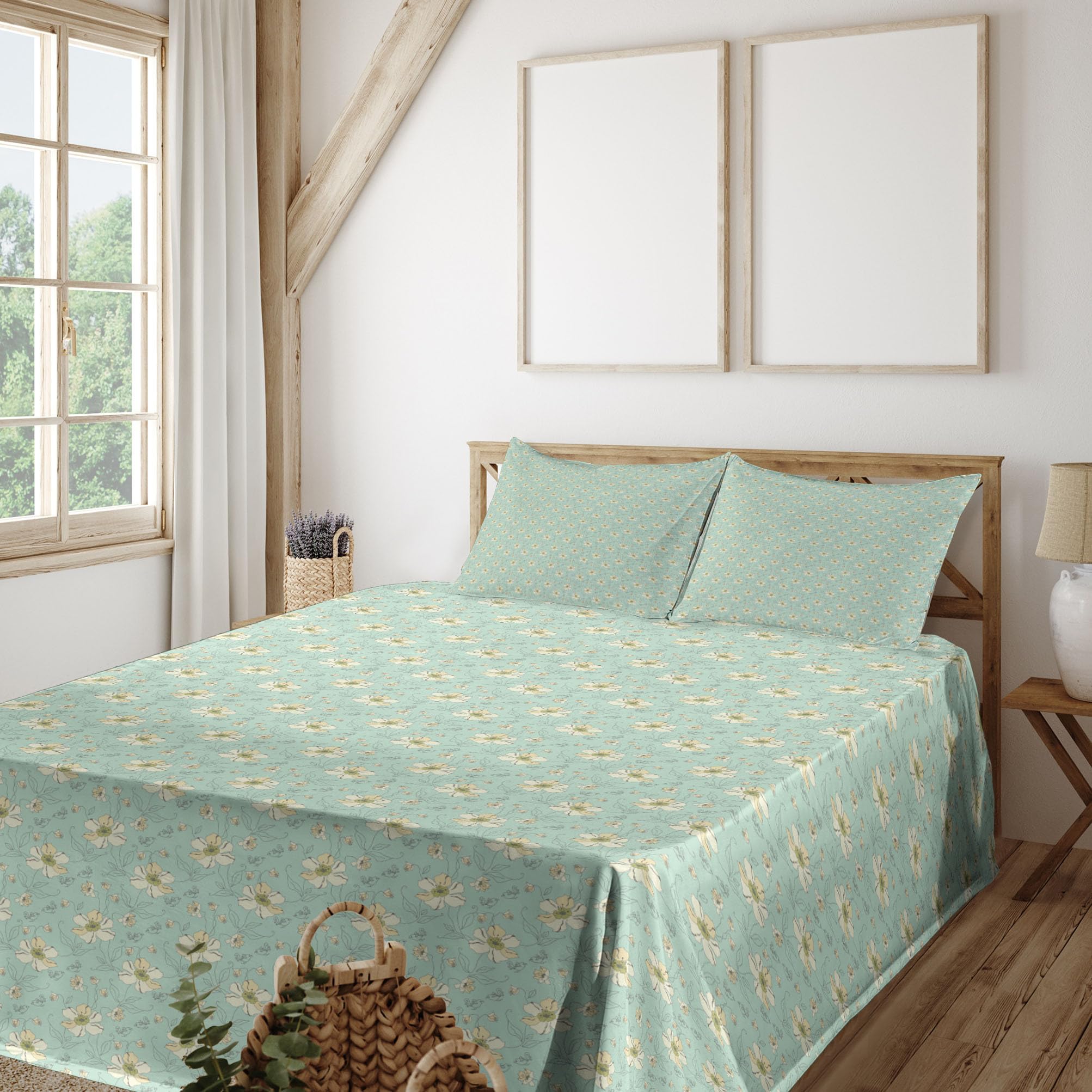 Ambesonne Floral Sheet Set - 4 Piece King Size Bedding with Continuous Flowers Print in Fresh Pastel Mint Green & Pale Yellow | Soft Fitted & Flat Sheets + Pillowcases | Perfect for Master Bedroom, Guest Room & Cozy Home Decor