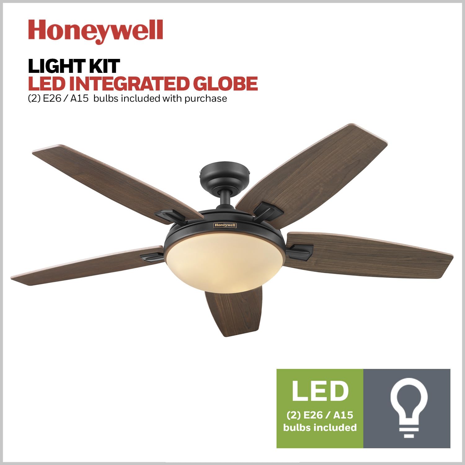 Honeywell Carmel 48 Inch Modern Ceiling Fan with LED Light and Remote Control - 5 Blades, Gray Ironwood/Brown Maple Finish - Bronze (50197-01) - Perfect for Living Room, Bedroom, and Indoor Spaces