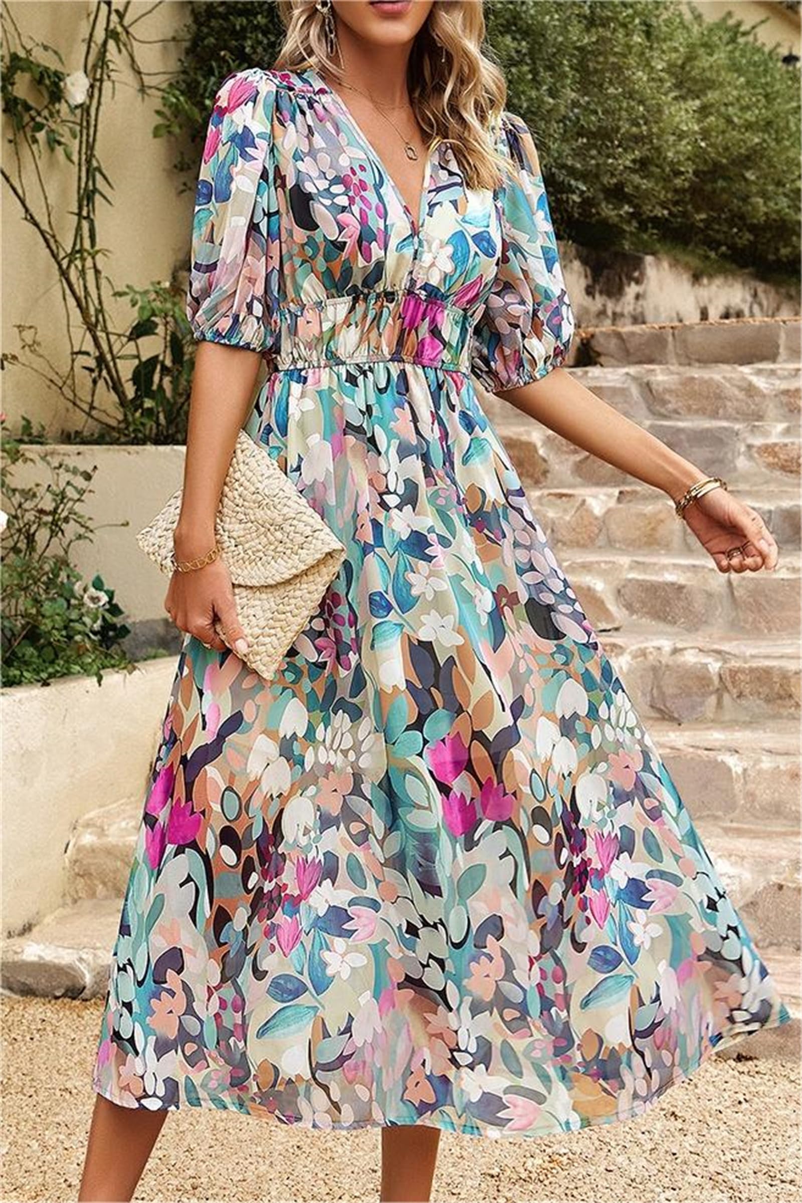 2024 Women's Boho Floral Summer Dresses - V Neck Casual Beach Long Dress with Short Sleeves | Perfect for Vacations, Outdoor Parties & Romantic Dates