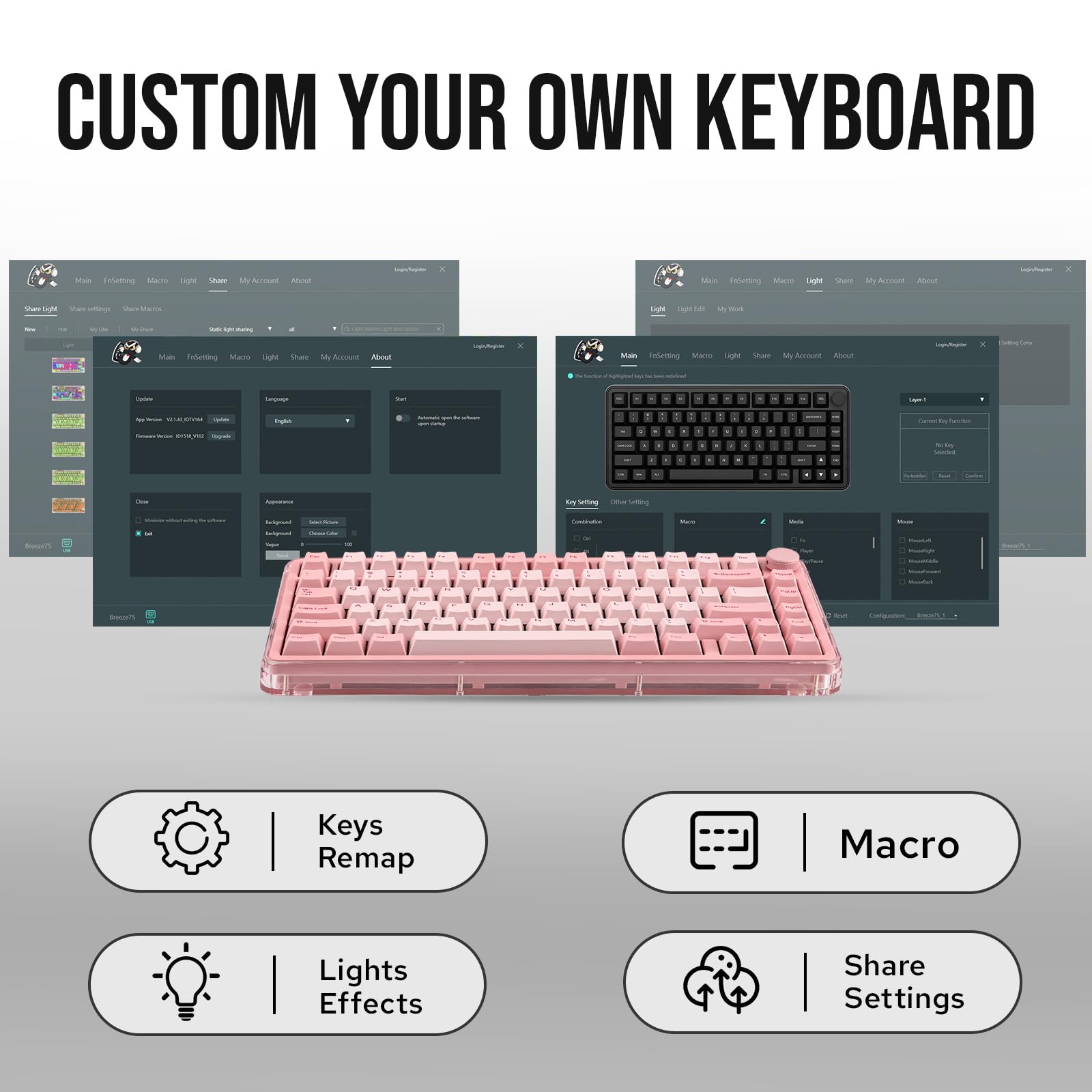 KiiBoom Breeze 75 75% Compact Wireless Mechanical Gaming Keyboard - CNC Aluminum & Acrylic Frame, USB-C/BT5.0/2.4GHz Connectivity, Gasket Mount, RGB Backlit, 8000mAh Battery for Windows/Mac (Pink) - Perfect for Gaming, Office Work, and Typing Enthusiasts