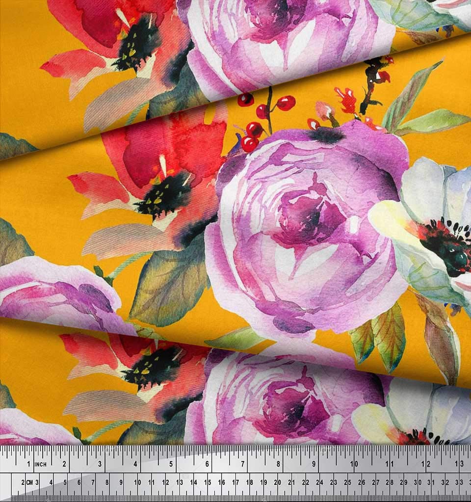 Soimoi Moss Georgette Orange Fabric by The Yard - 42 Inch Wide Floral Printed Fabric with Leaves & Peony Design for DIY Crafts, Dresses, Curtains & Home Decor | Lightweight Sheer Fabric for Sewing Projects & Fashion Design