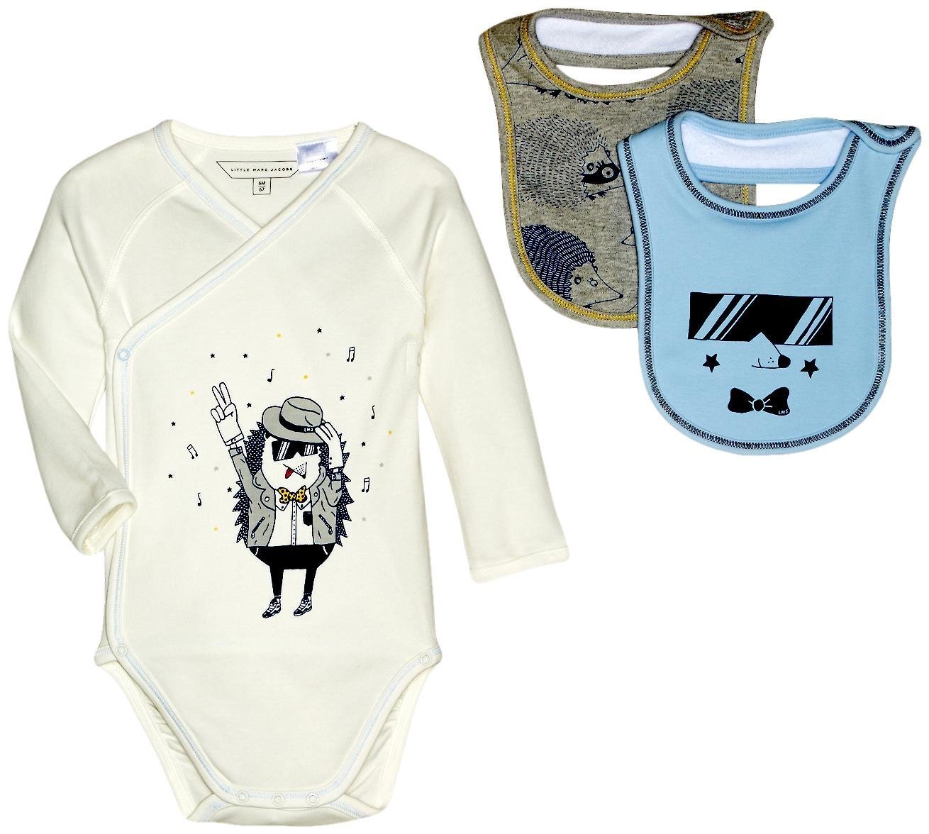 Little Marc Jacobs Baby Boys' Blue Bodysuit & 2 Bibs Set with Mouse Pouch - Soft Cotton Outfit for Newborns & Infants - Perfect for Daily Wear, Playtime & Photo Shoots