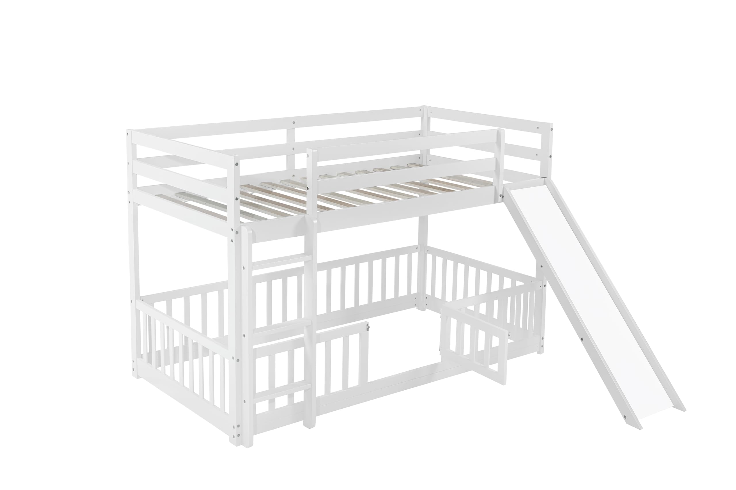 Low Bunk Beds Twin Over Twin with Slide & Ladder - Wooden Floor Bunk Bed Frame for Kids, Boys, Girls & Teens - Junior Loft Bed with Removable Safety Rails - White - Perfect for Small Bedrooms, Shared Kids Rooms & Sleepovers