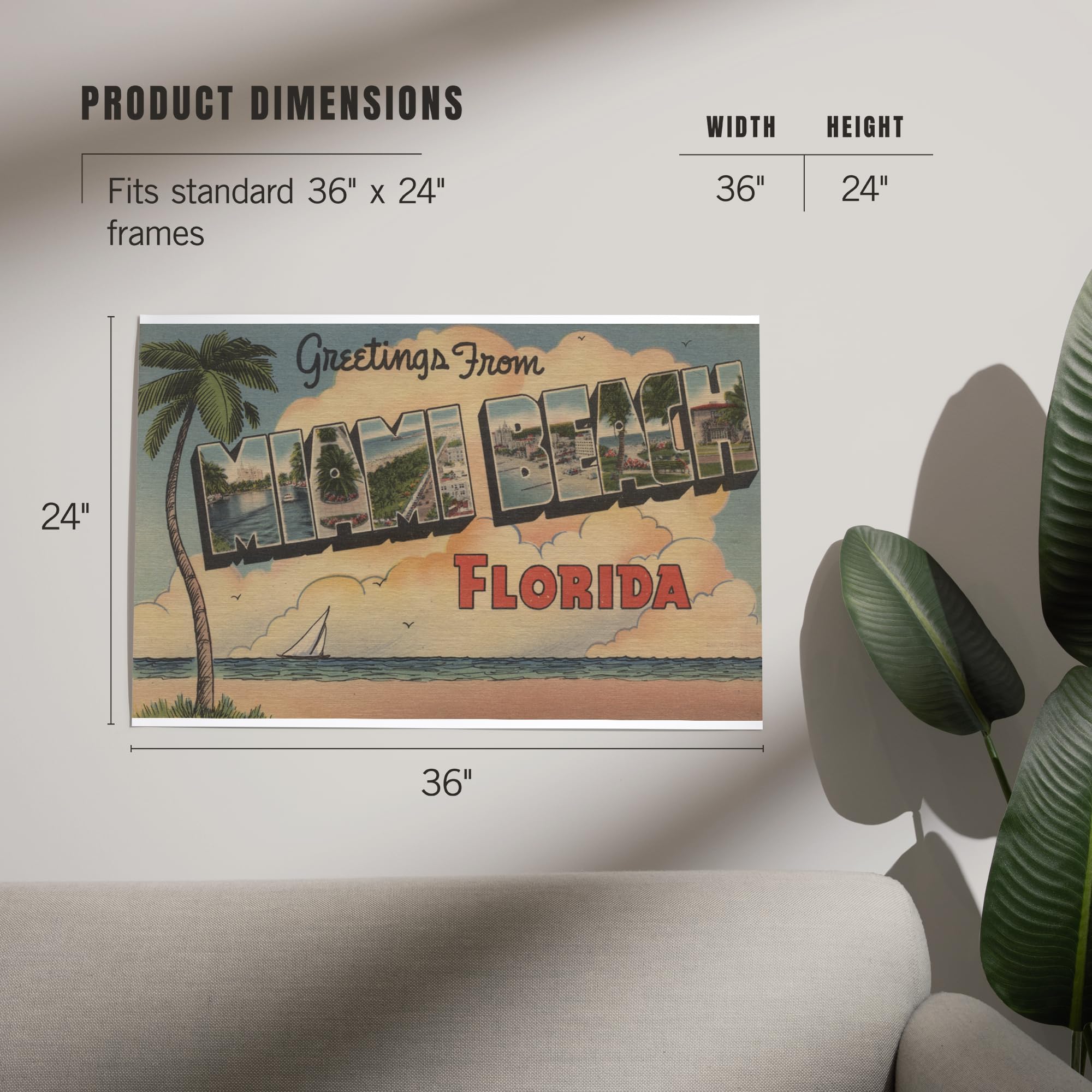 Lantern Press 24x36 Inch Giclee Art Print - Miami Beach Florida Wall Decor - Large Letter Scenes - Perfect for Living Room, Bedroom & Office Decor