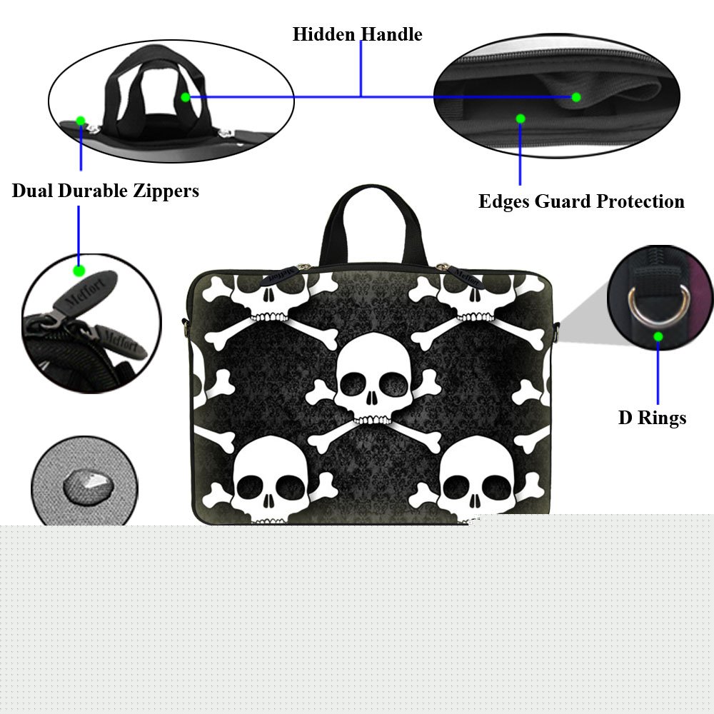 Meffort 17-17.3 Inch Neoprene Laptop Sleeve with Hidden Handle & Adjustable Shoulder Strap - Skull Design Protective Case for MacBook, Dell, HP - Perfect for School, Office & Travel