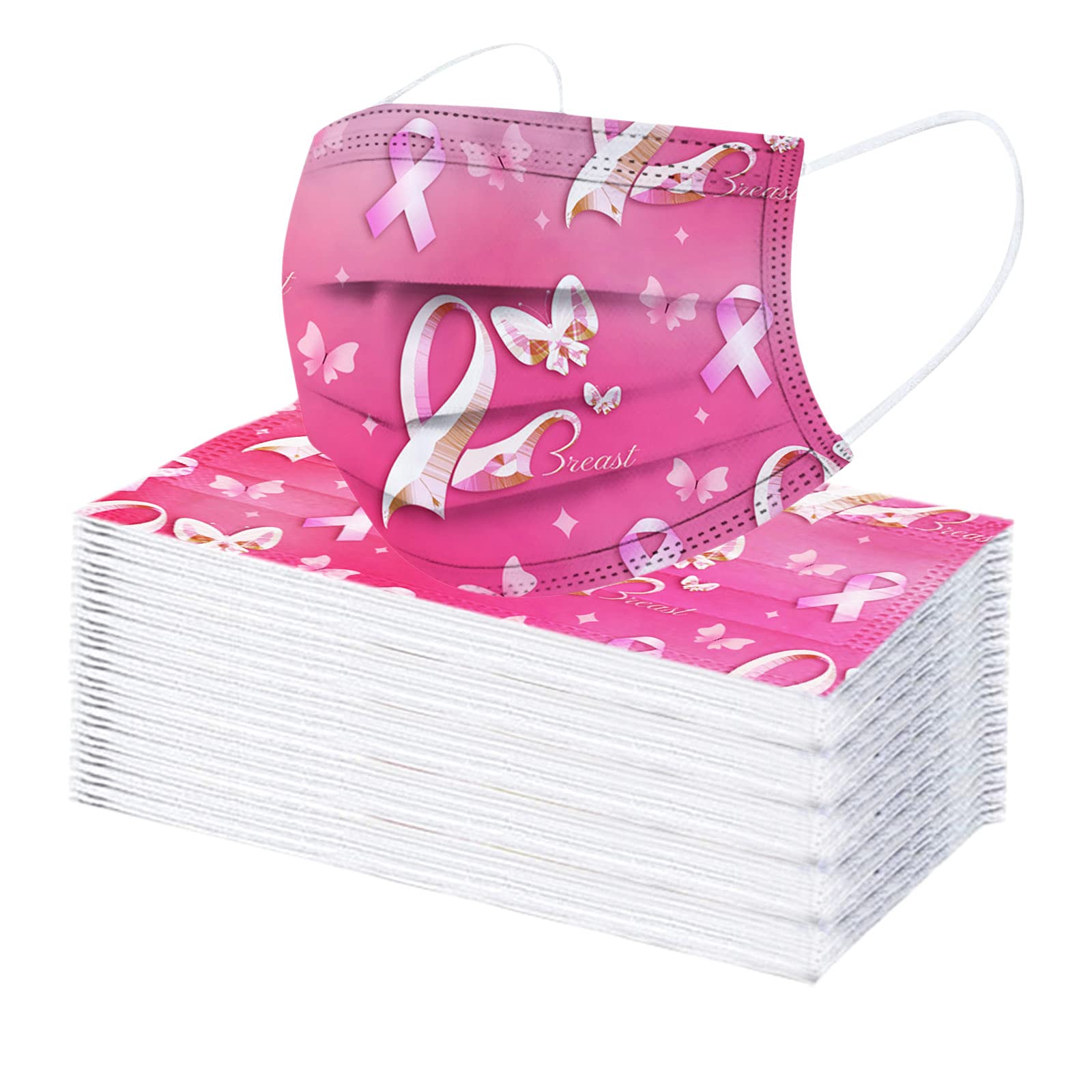 50-Pack Pink Ribbon Print Disposable Face Masks - 3-Layer Breathable Protection for Adults | Breast Cancer Awareness Design | Comfortable Daily Use for Women & Men | Perfect for Work, Travel, and Public Safety