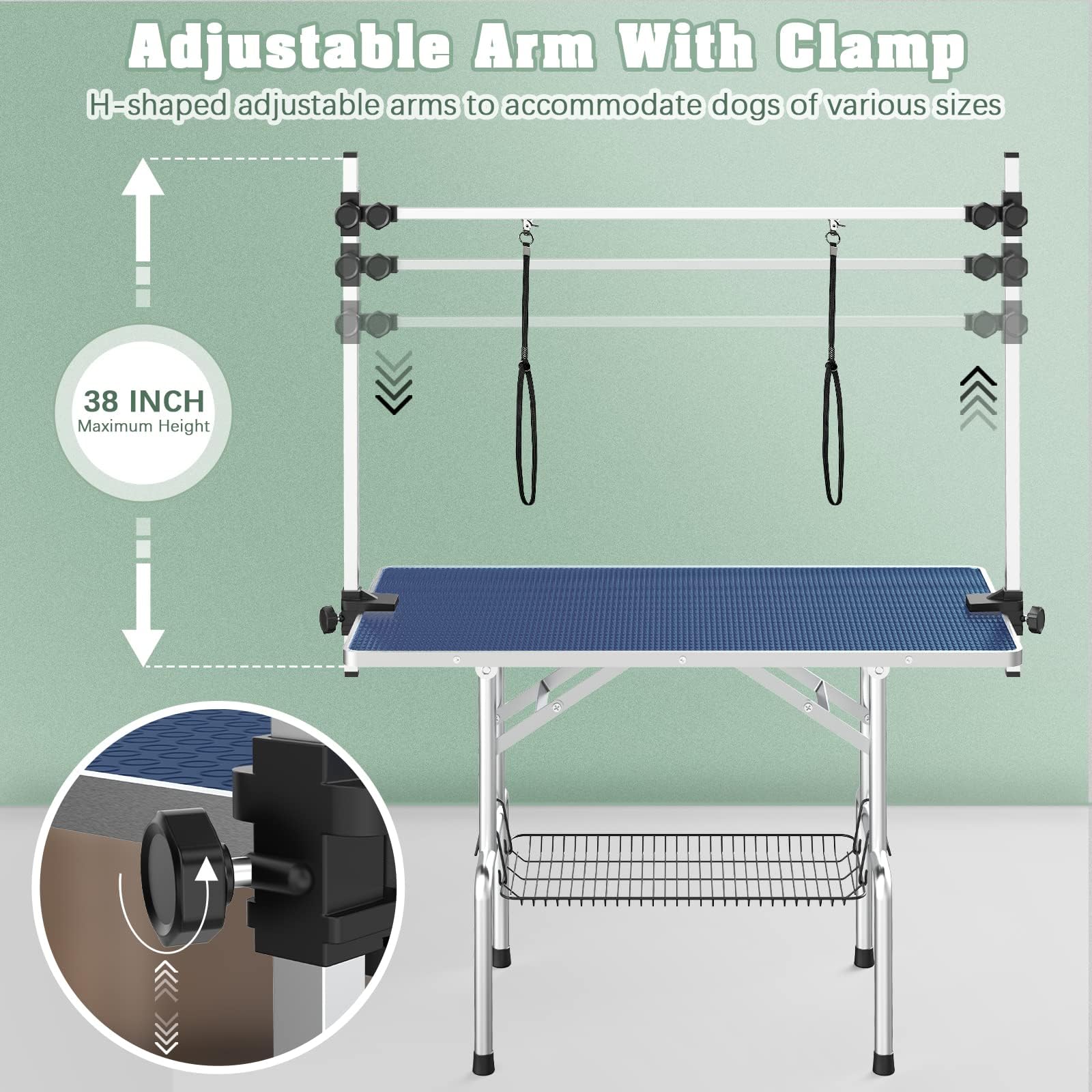 Premium Adjustable Dog Grooming Table - Large Foldable Pet Bathing & Drying Desk with Safety Arms, Noose & Mesh Tray | Supports 330Lbs (36in Navy) | Perfect for Professional Groomers & Home Pet Care