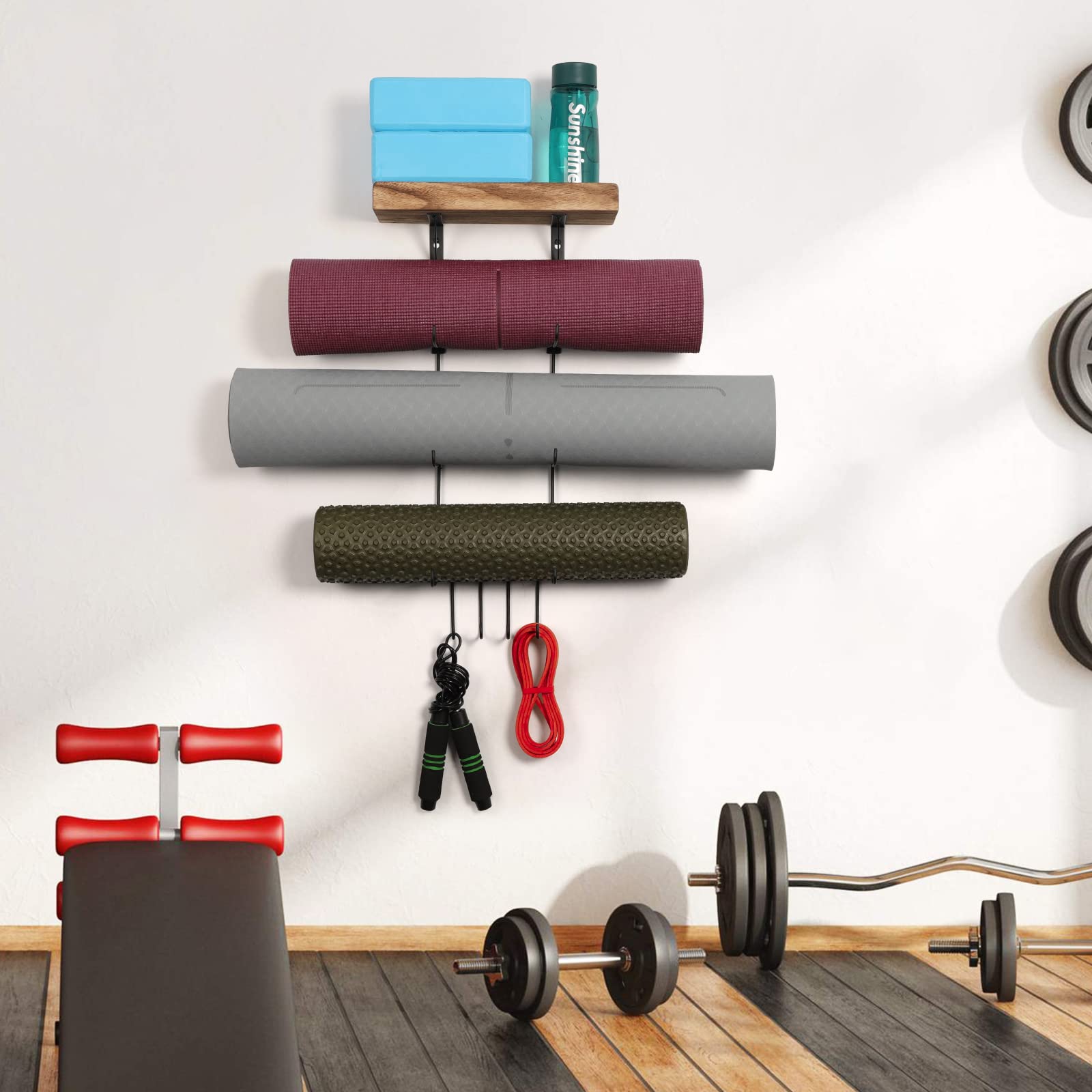 VINAEMO Yoga Mat Holder Wall Mount Organizer - 4 Hooks & Wooden Shelves for Foam Roller, Towel, Resistance Bands Storage - Home Gym, Yoga Studio, Office & School Decor Accessory
