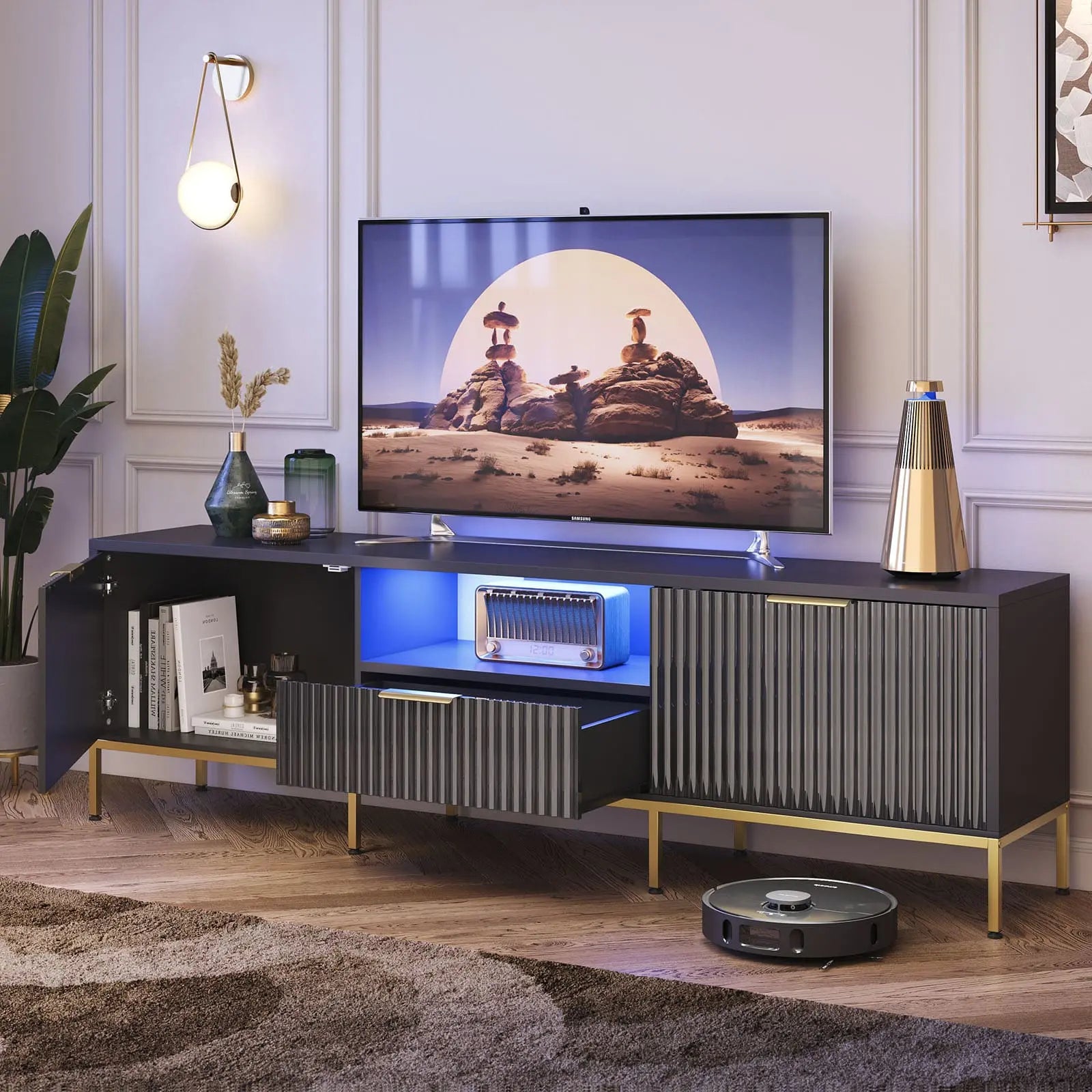 Bestier 70 Inch Modern TV Stand with Fluted Design for 80 Inch Flat Screen TVs - Perfect for Living Room, Bedroom & Home Theater Entertainment Centers