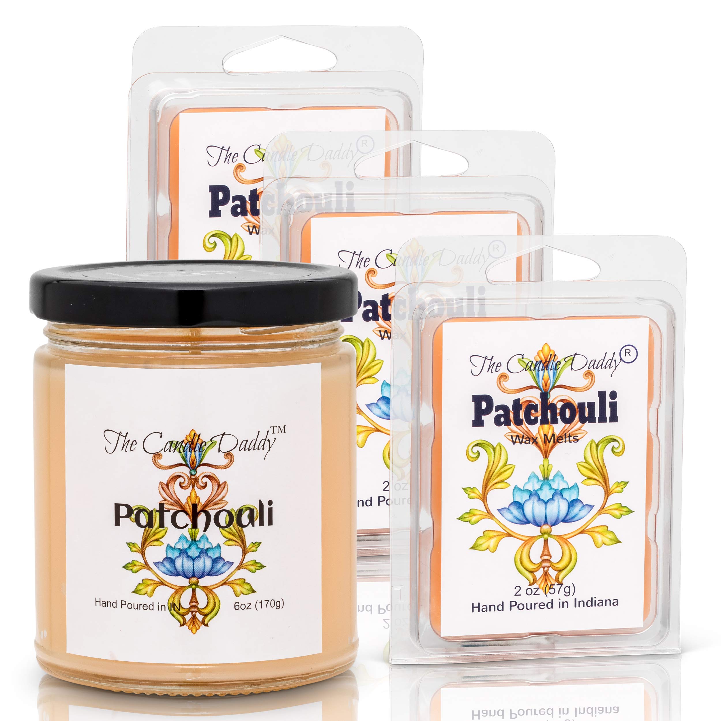 Patchouli Scented Candles & Wax Melts Set - 6 oz Candle & 3 x 2 oz Wax Melts for Home, Yoga, Meditation & Aromatherapy Relaxation