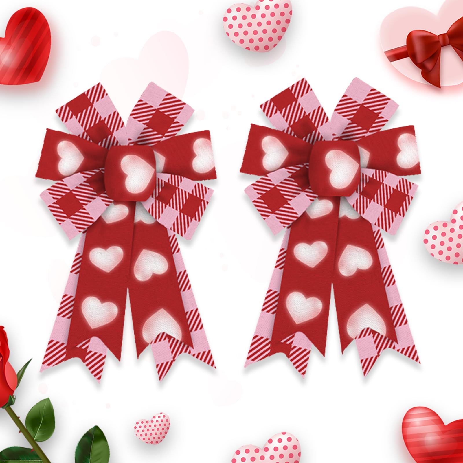 2 Pack Valentine's Day Wreath Bows - Red Buffalo Plaid Heart Decorations for Front Door, Farmhouse Tree, Wedding & Holiday Decor | Perfect for Valentine's Wreaths, DIY Crafts, and Seasonal Home Decor