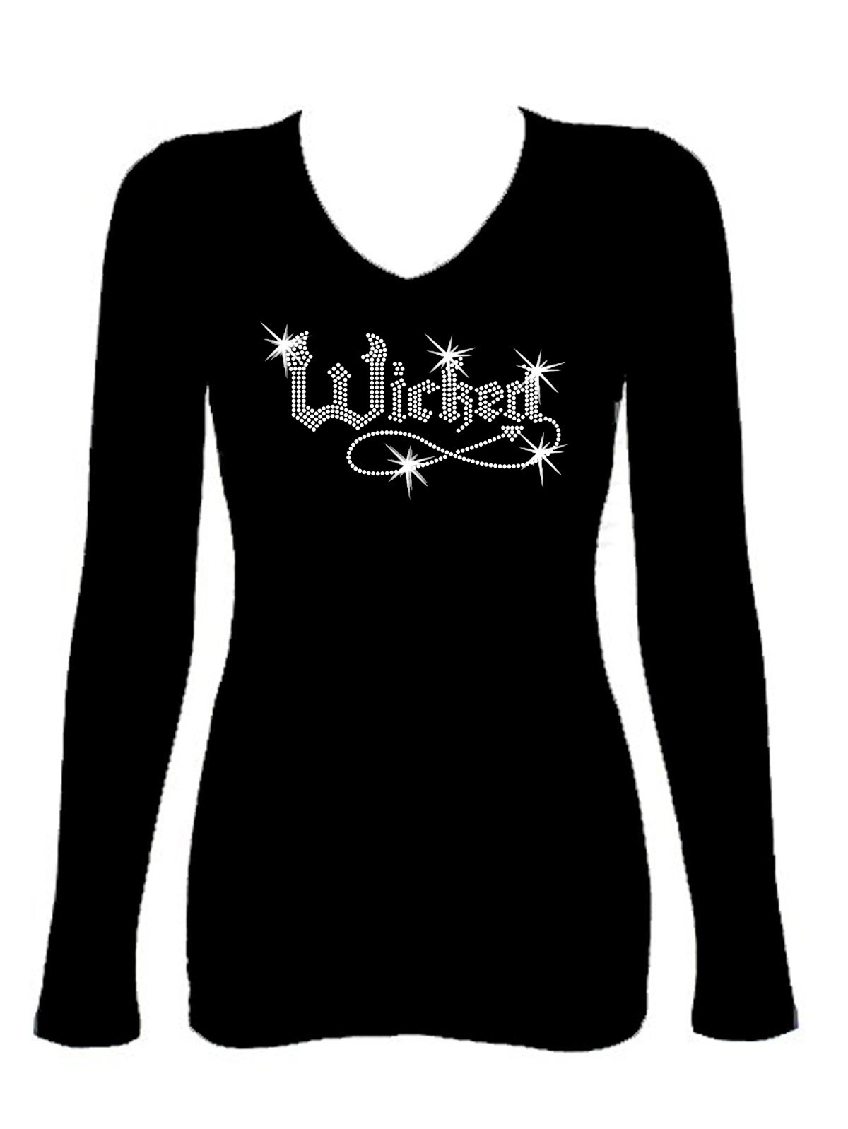 Wicked Halloween Funny Rhinestone V-Neck Long Sleeve T-Shirt for Women - Sparkling Party Costume & Festive Outfit for Halloween Events, Cosplay, and Themed Parties