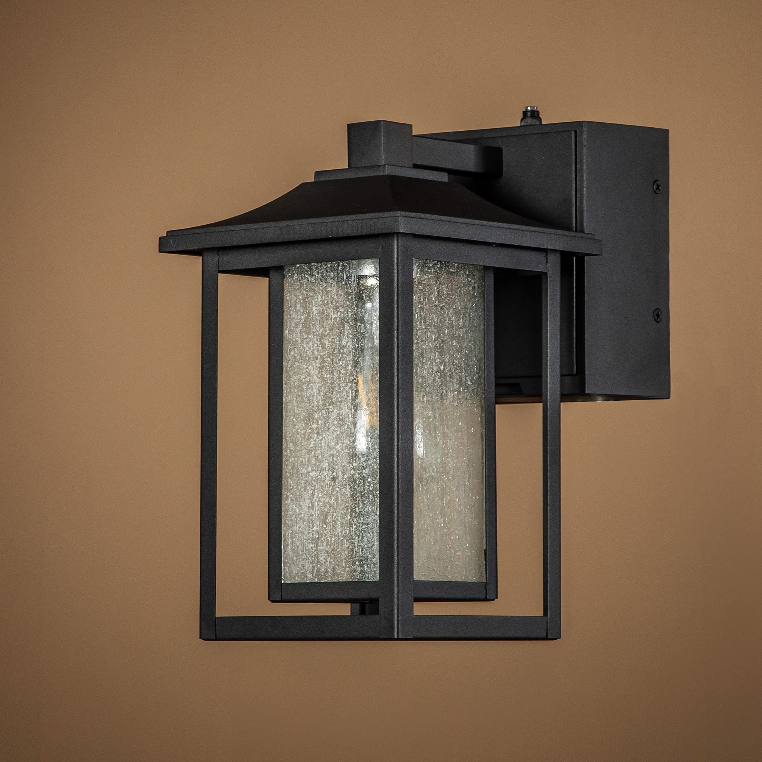 Black Outdoor Wall Light with Dusk to Dawn Sensor & Motion Detection - Seeded Glass Porch Light Fixture with GFCI Outlet - Perfect for Garage, Garden, Patio & Front Porch Security Lighting