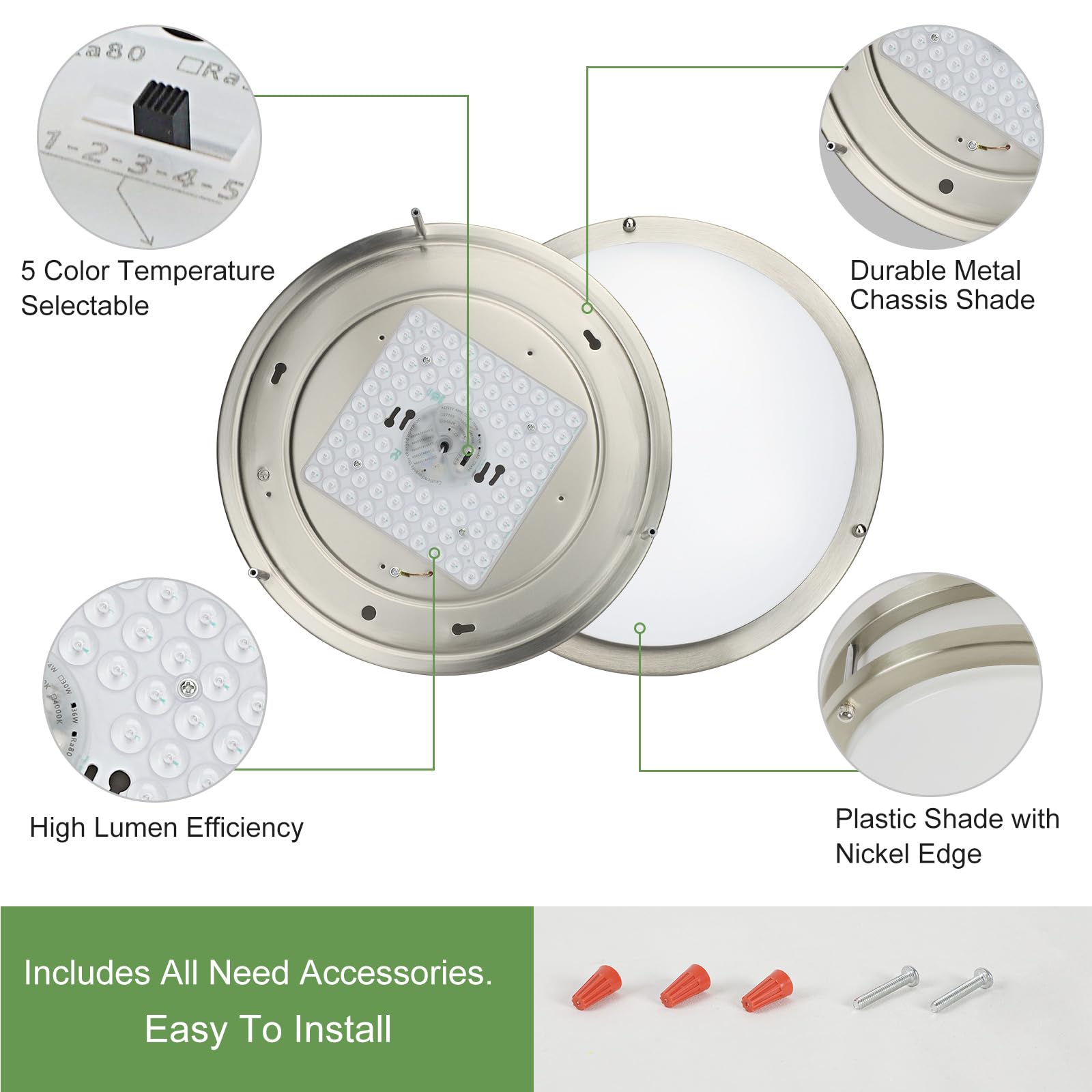 DINGLILIGHTING 30W LED Flush Mount Ceiling Light - 13 Inch Round Brushed Nickel Fixture with 3000K-6000K 5 Color Temperature Adjustable, Super Bright for Living Room Bedroom Kitchen Hallway - Modern Home & Office Lighting Solution