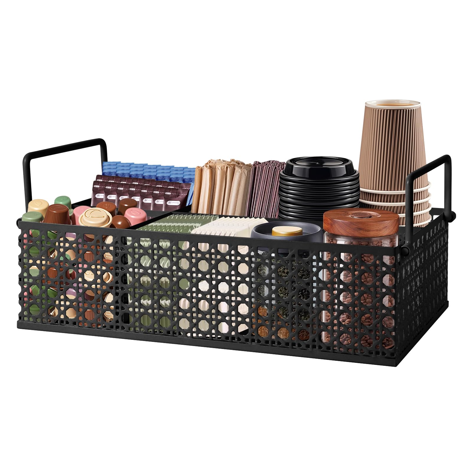 Metal Coffee Bar Organizer Countertop Station with Handles - Mesh Black Coffee Pod Holder for Keurig K-Cups, Tea & Condiments - Perfect for Kitchen Counter, Office Breakroom & Coffee Shop Organization