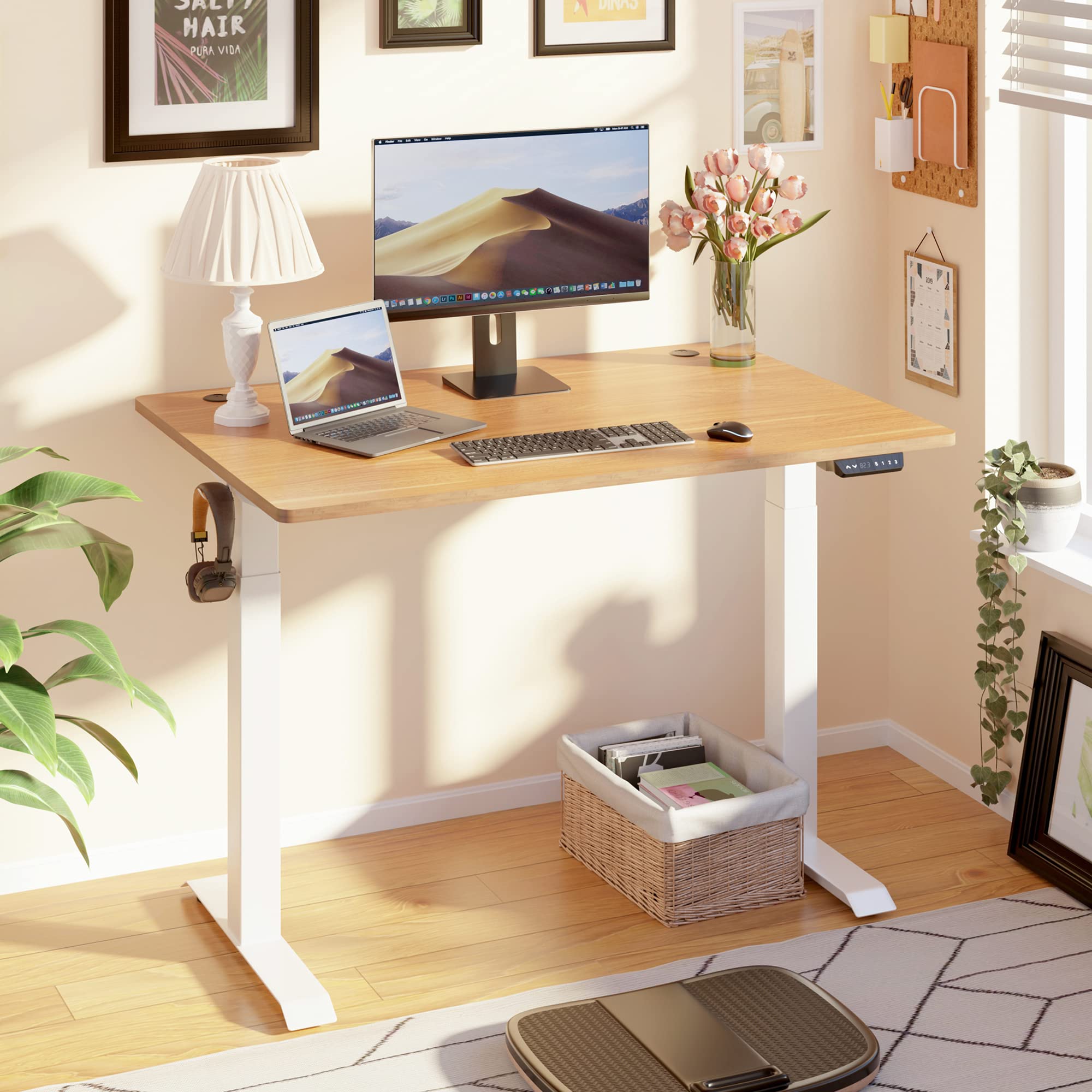 Meilocar Electric Height Adjustable Standing Desk - 48 x 24 Inch Memory Preset Sit Stand Desk with Splice Board, Walnut Top & White Frame - Perfect for Home Office, Computer Workstation & Ergonomic Workspace