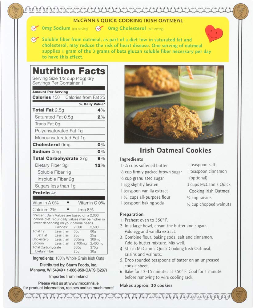 McCann's Quick Cooking Rolled Oats - Irish Steel Cut Oatmeal, 16 oz (Pack of 12) - Healthy Breakfast Cereal for Weight Loss, Energy Boost & Heart Health - Perfect for Overnight Oats, Baking & Smoothies