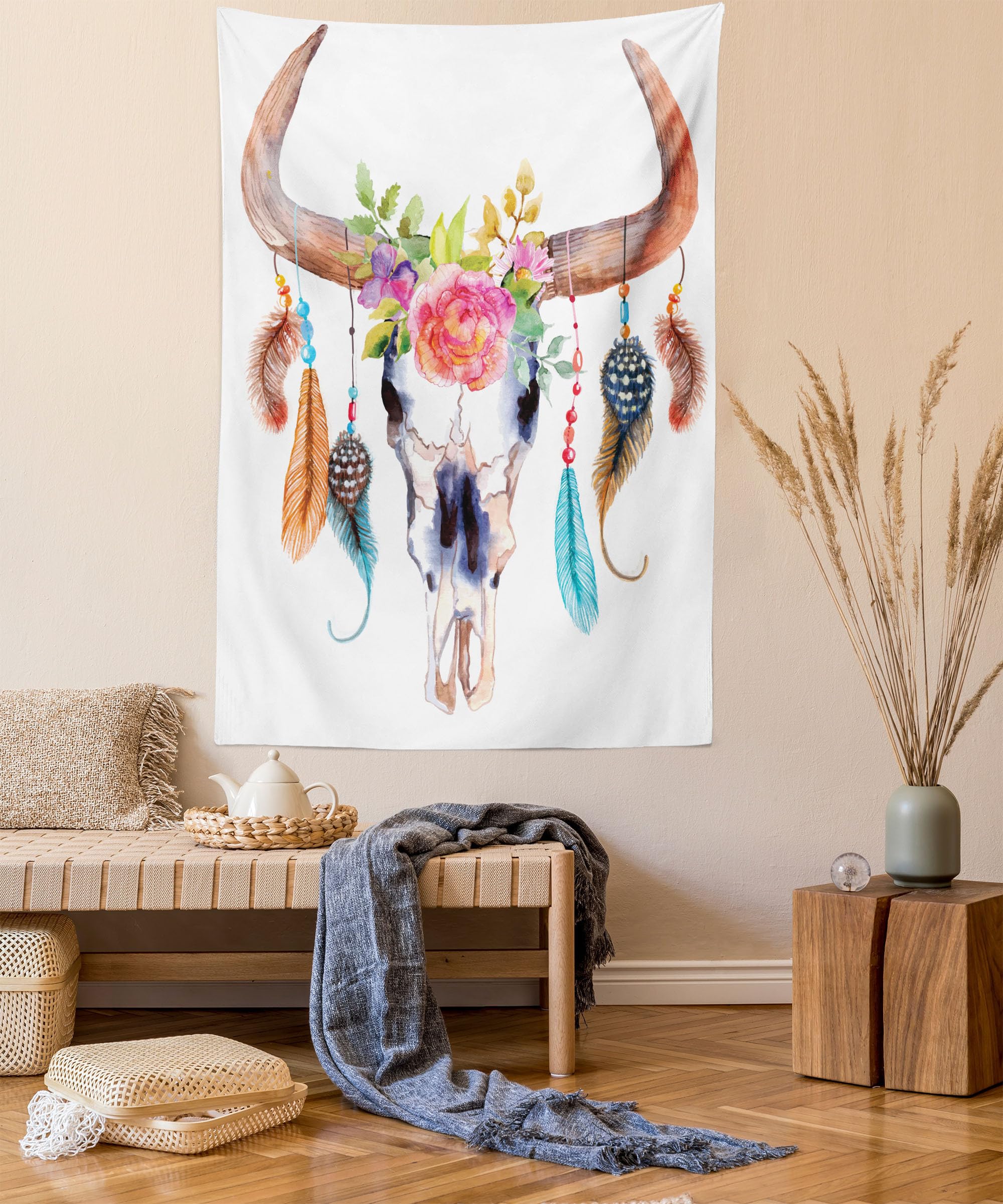 Ambesonne Watercolor Tapestry Twin Size - Bohemian Bull Skull with Flowers & Feathers Design | 68x88 Inch Wall Hanging, Bedspread & Home Decor in White & Pink | Perfect for Dorm Rooms, Bedrooms & Boho Chic Living Spaces