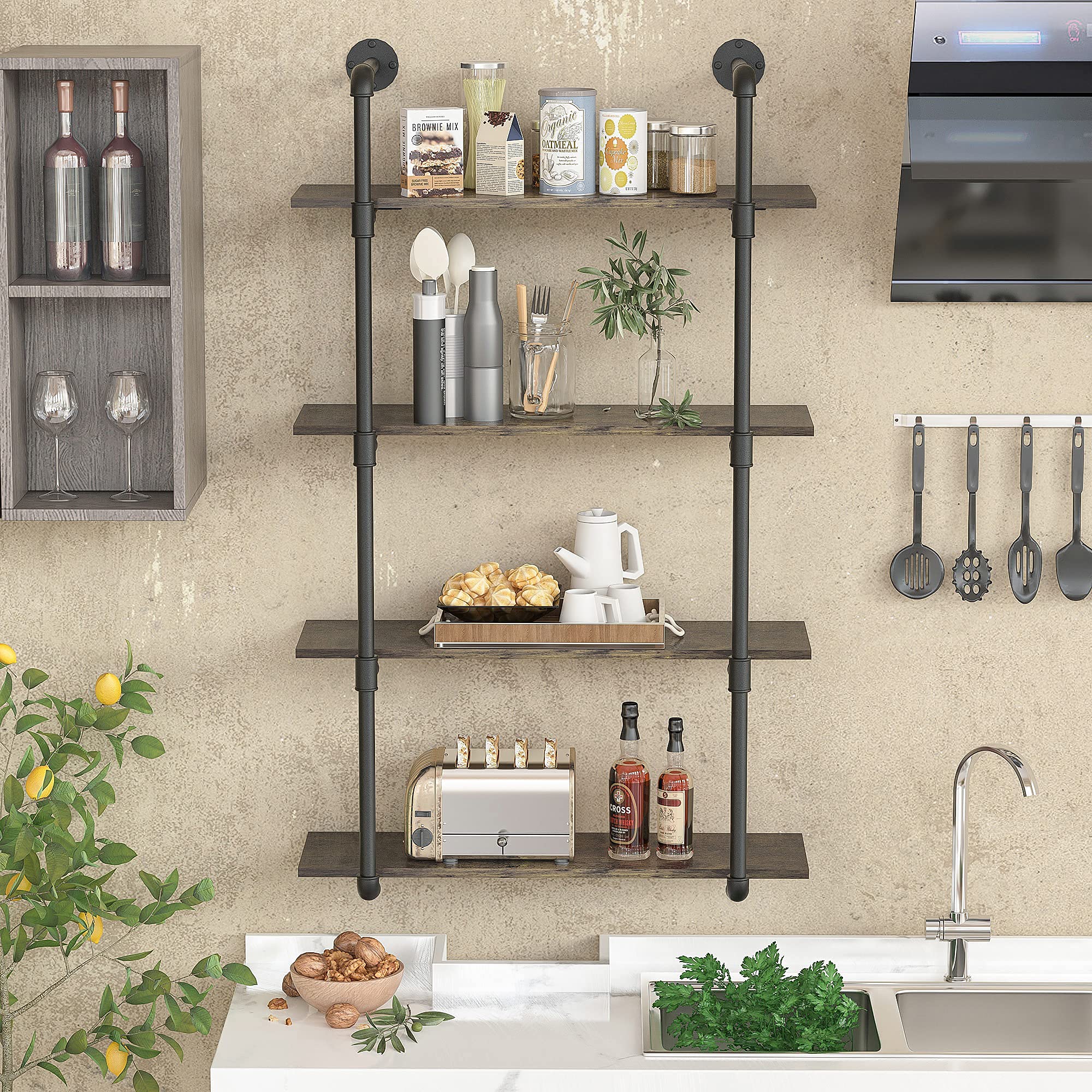 Gezen Industrial Pipe Shelving - 4 Tier Metal Floating Shelves & Rustic Wood Ladder Bookshelf - Wall Mounted Storage Shelf for Living Room, Kitchen, Bathroom - Perfect for Home Organization & Displaying Decor