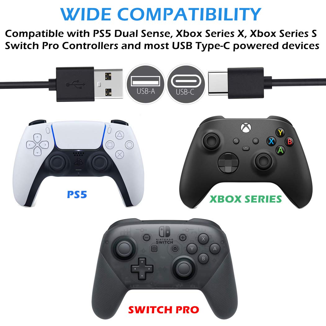 Premium 10Ft USB C Charging Cable 2 Pack - Fast Charging Cord for PS5 Controller, DualSense, Xbox Series X/S - Durable Nylon Braided for Gaming & Travel