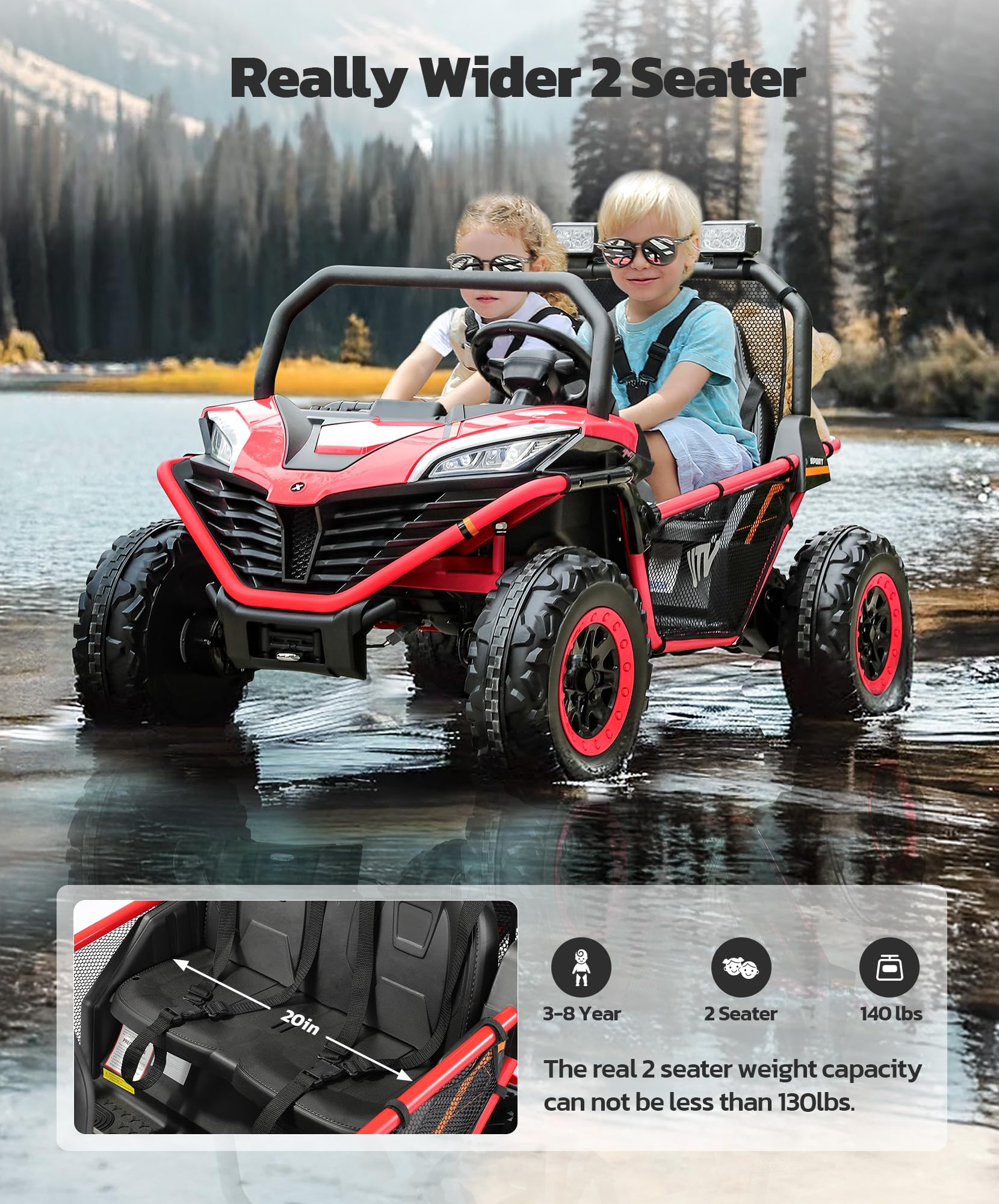 **ELEMARA 24V 2 Seater Kids Electric Ride-On Car - 10AH 4WD UTV Toy with Remote Control, Bluetooth, LED Lights, 3 Speeds & Music - Spring Suspension & Storage - Perfect for Ages 3-8 - Fire Red - Ideal for Outdoor Play, Birthday Gifts & Family Fun**